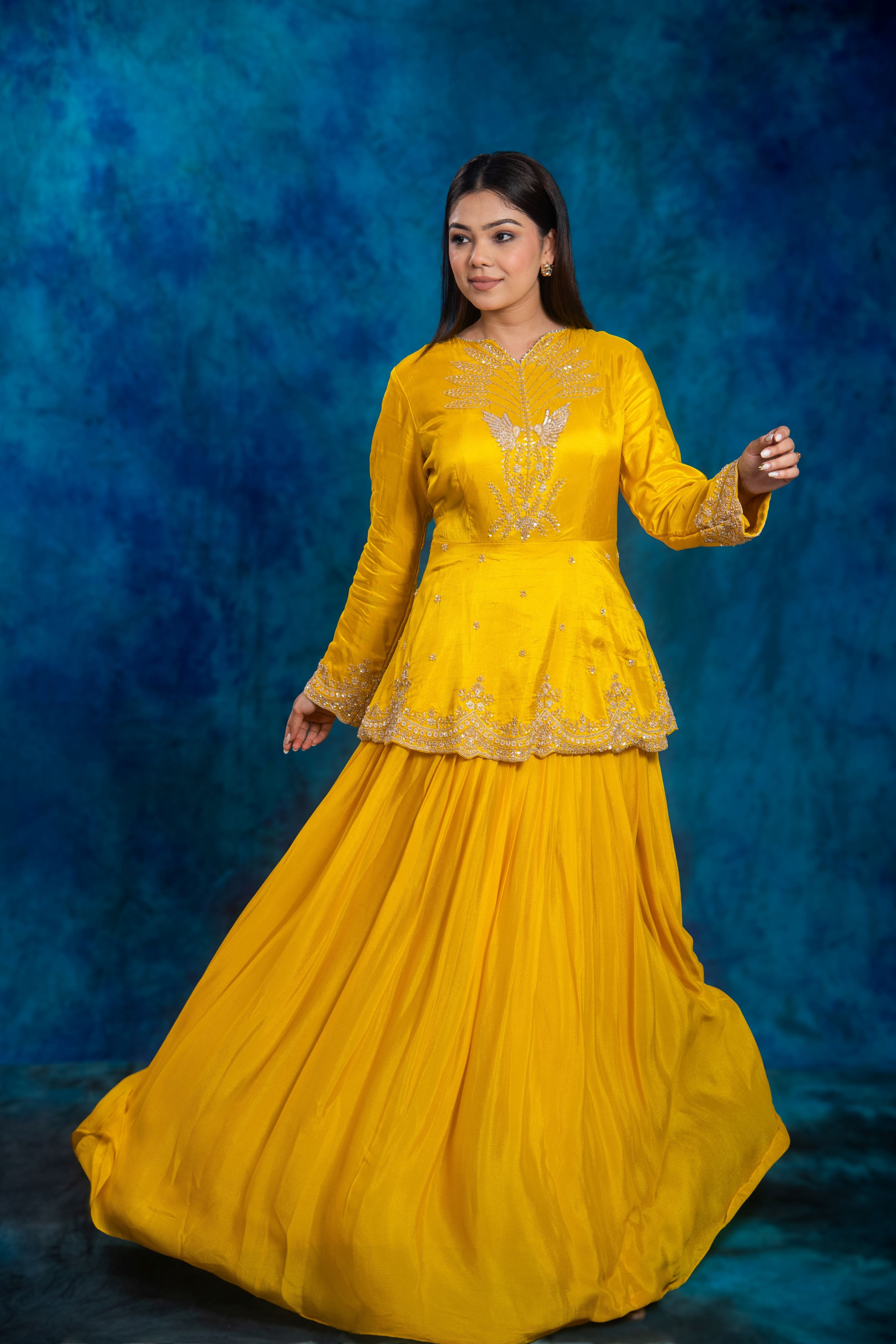 Festive Yellow Embellished Chinon Silk Skirt Set
