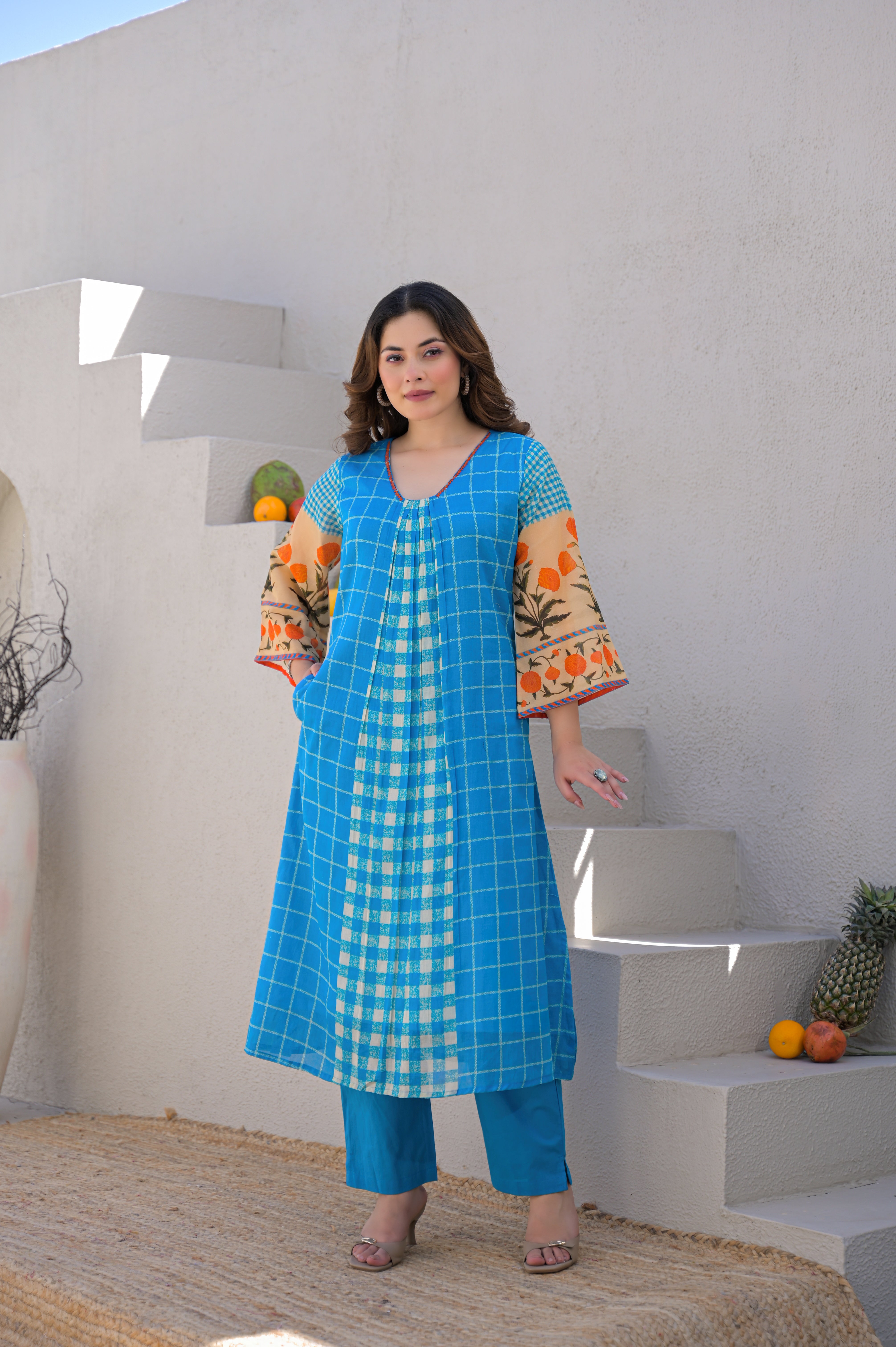 Cerulean Grid Printed Mul Cotton Kurta Set