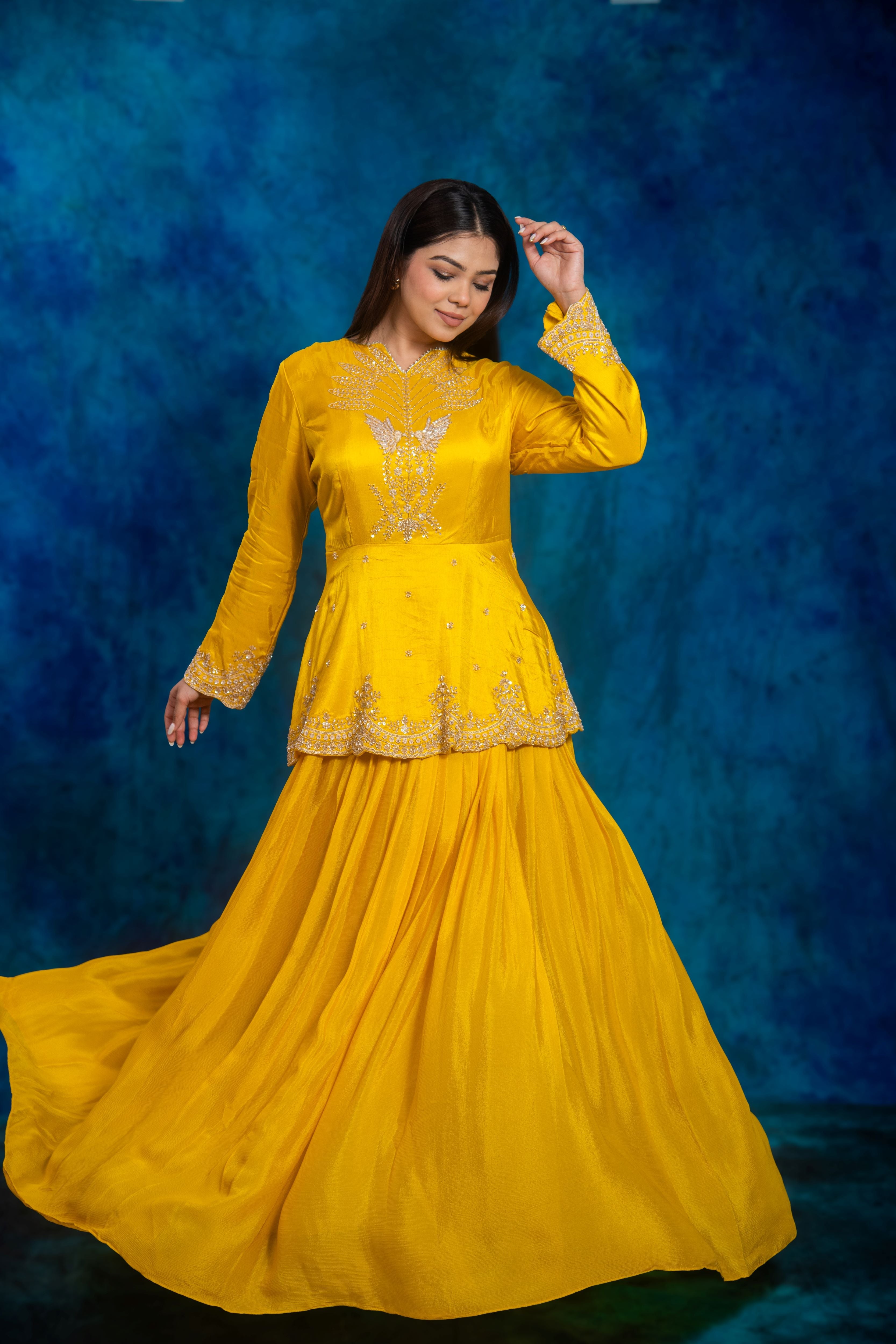 Festive Yellow Embellished Chinon Silk Skirt Set