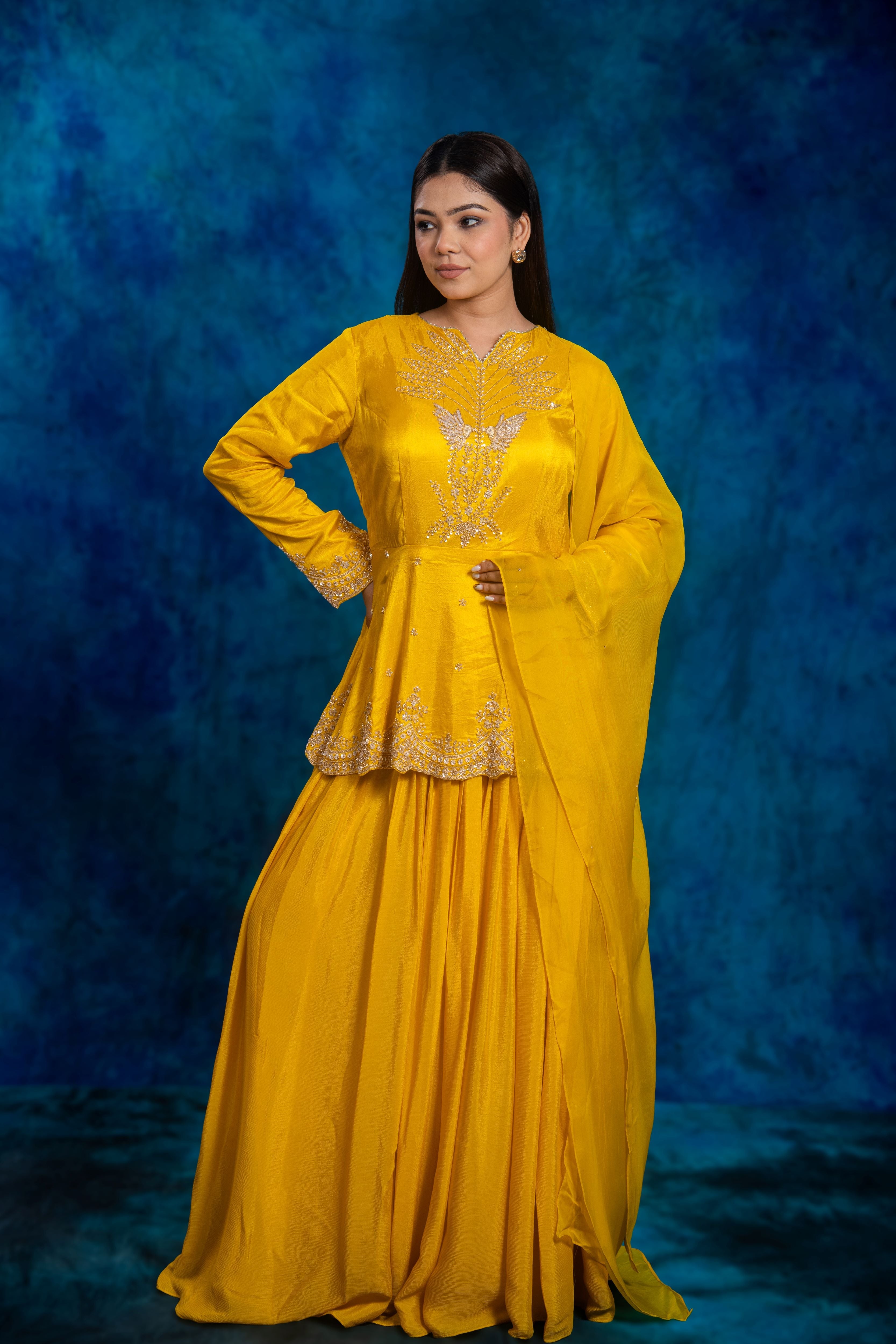 Festive Yellow Embellished Chinon Silk Skirt Set