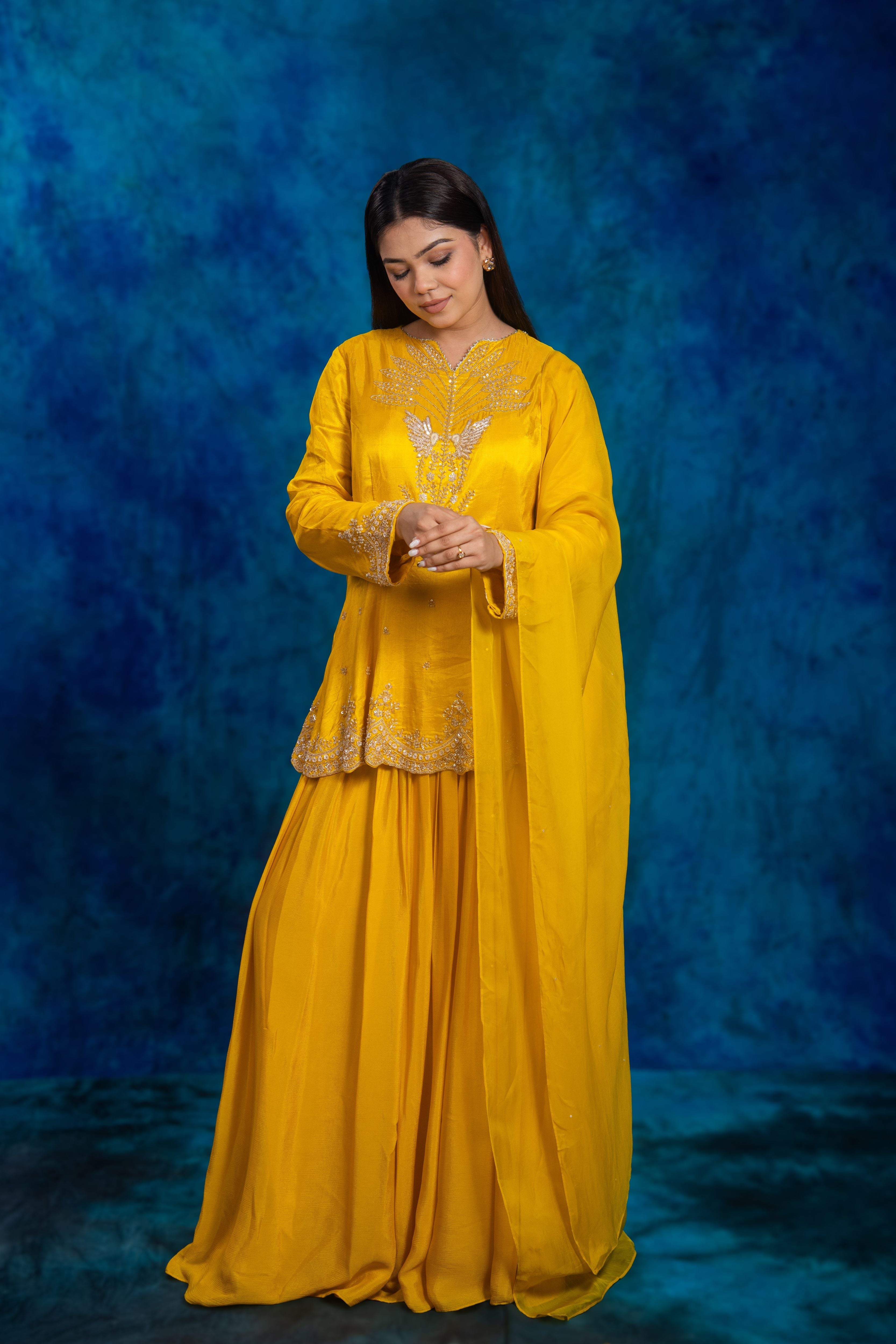 Festive Yellow Embellished Chinon Silk Skirt Set