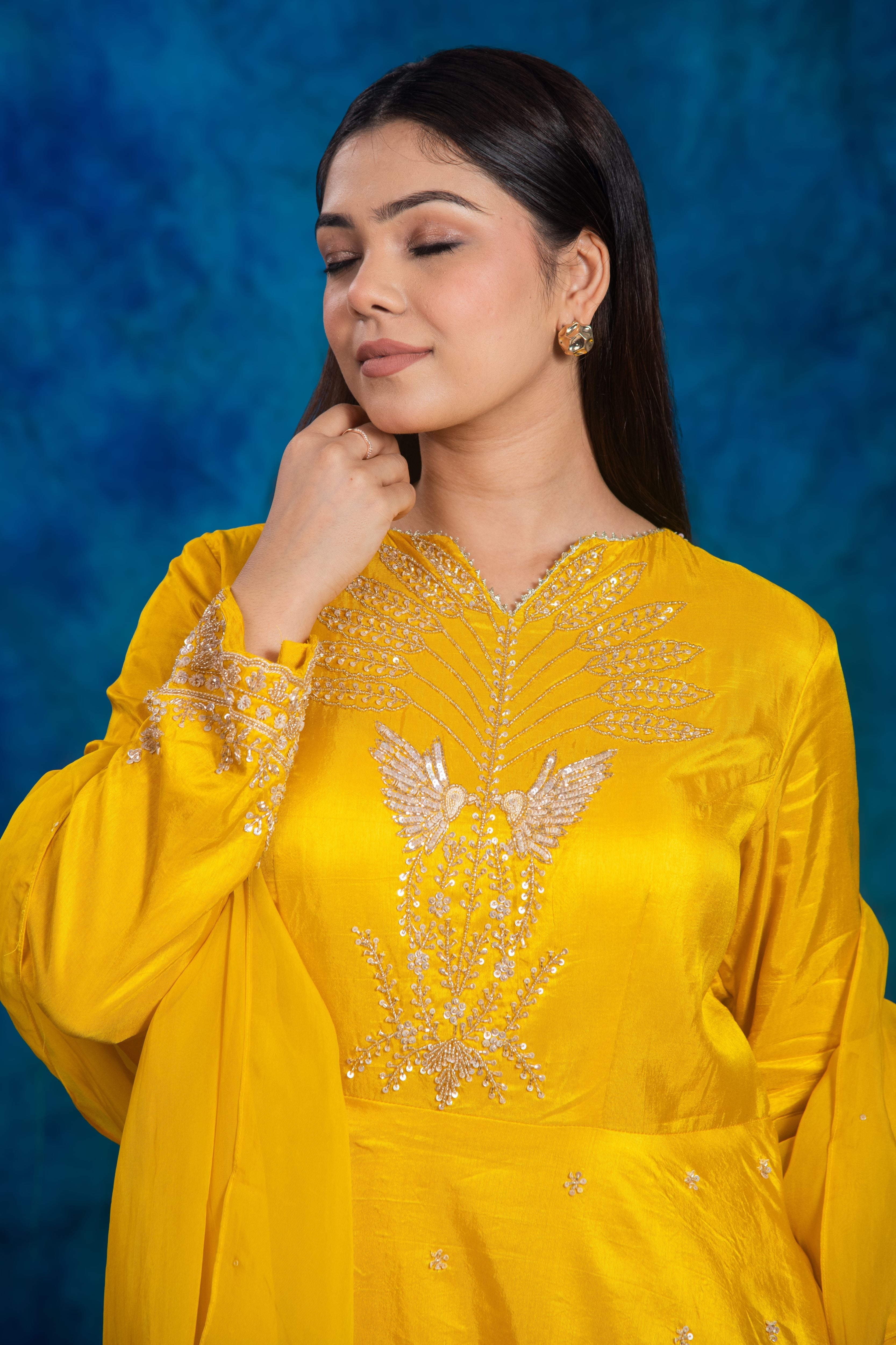 Festive Yellow Embellished Chinon Silk Skirt Set