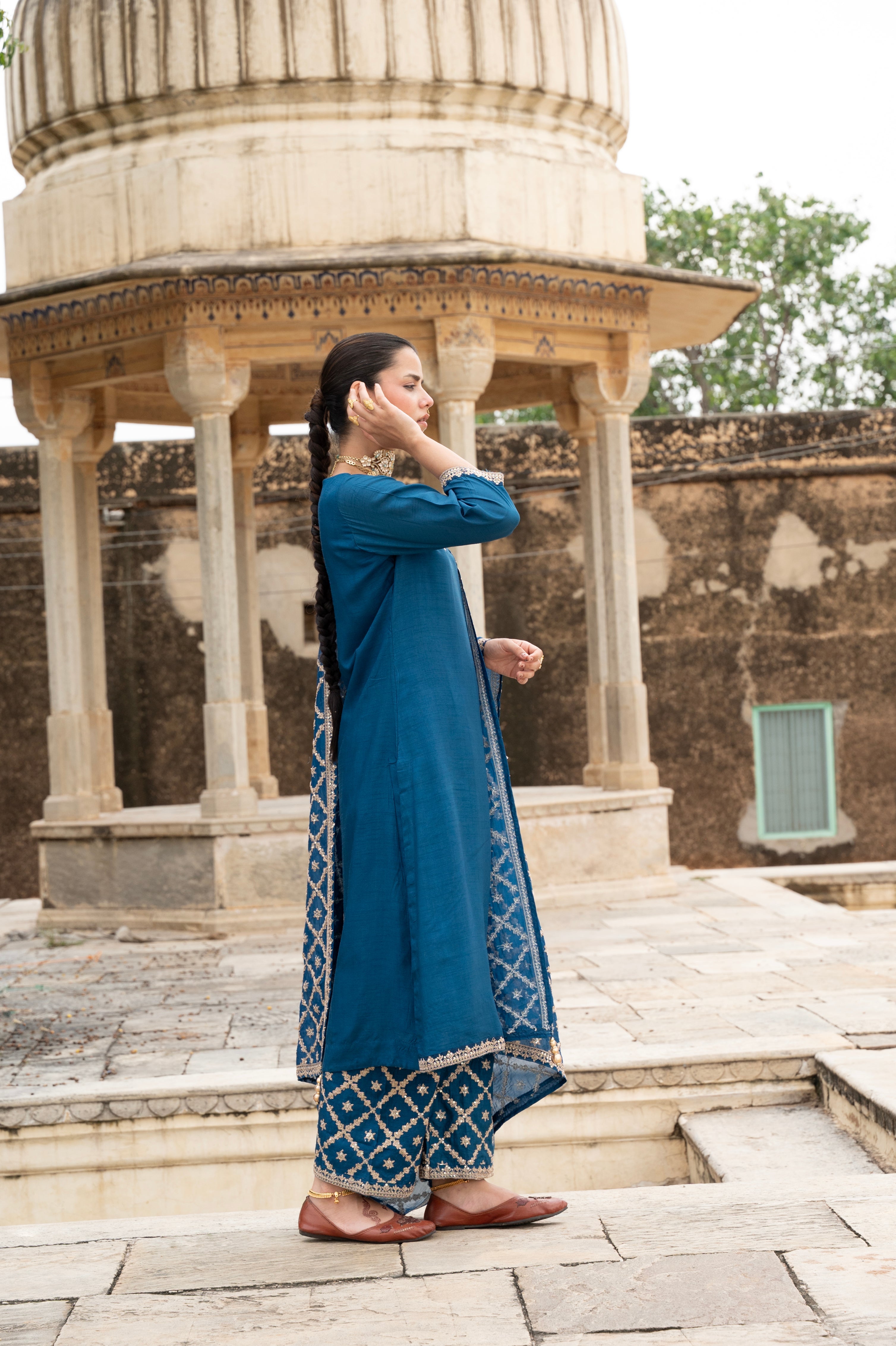 Indigo Blue Embellished Dola Silk Pant Set