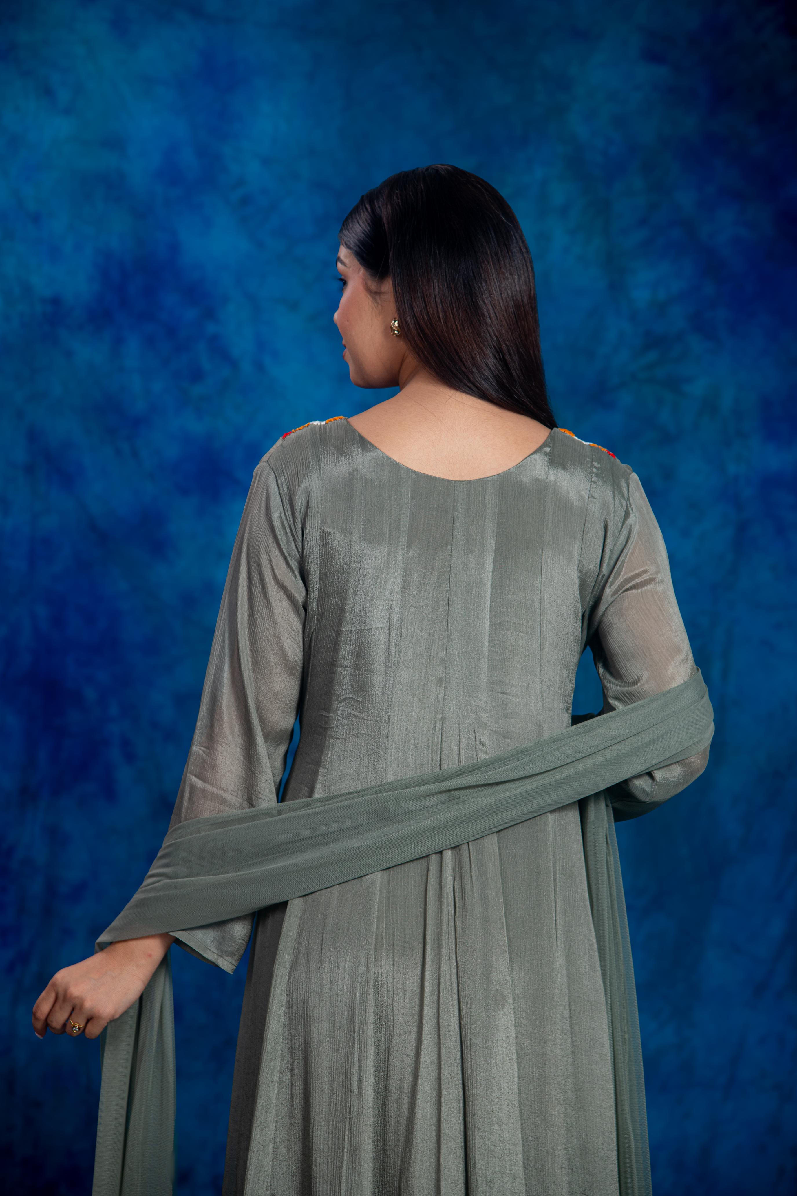 Grey Embroidered Chinon Silk Anarkali Set