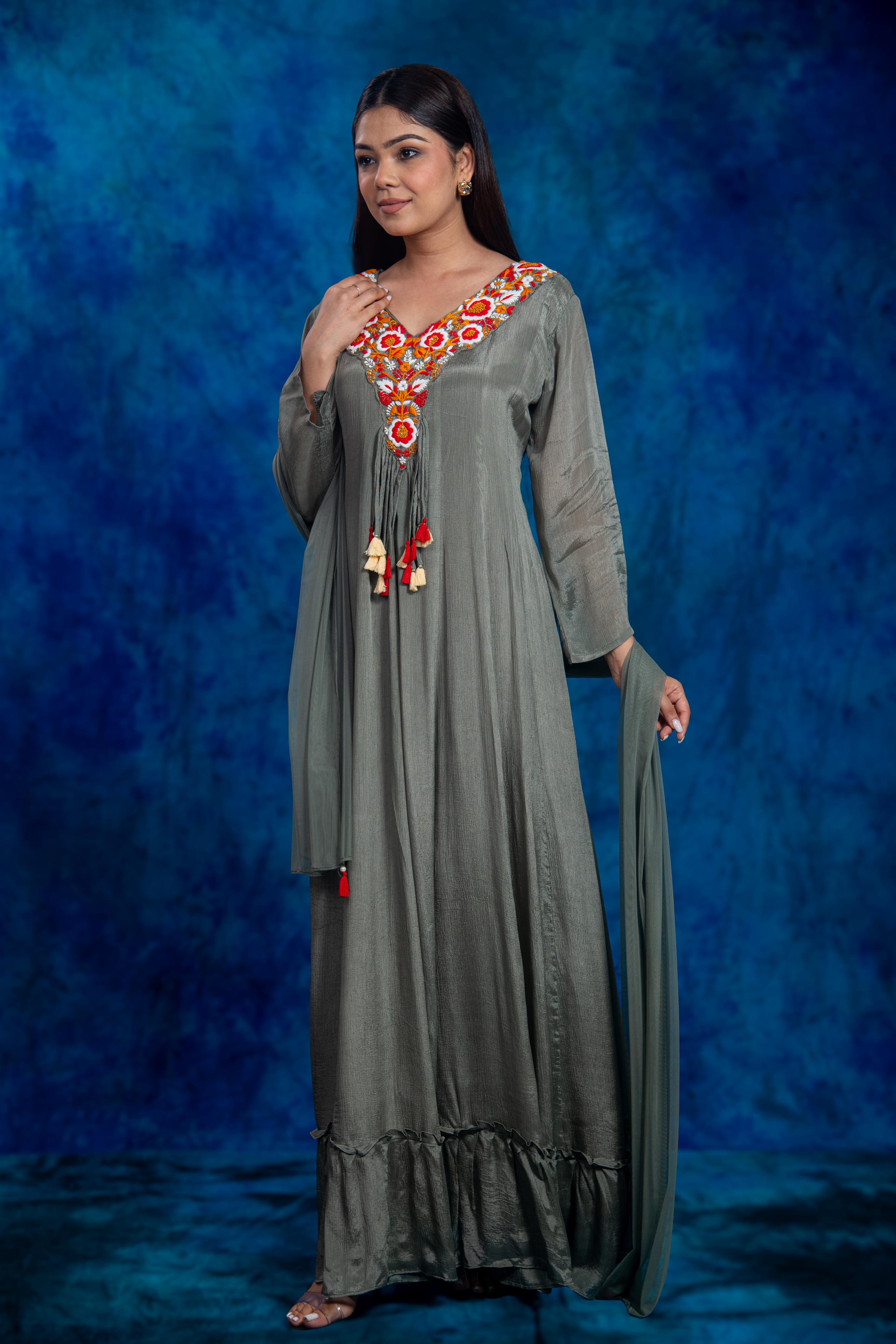 Grey Embroidered Chinon Silk Anarkali Set