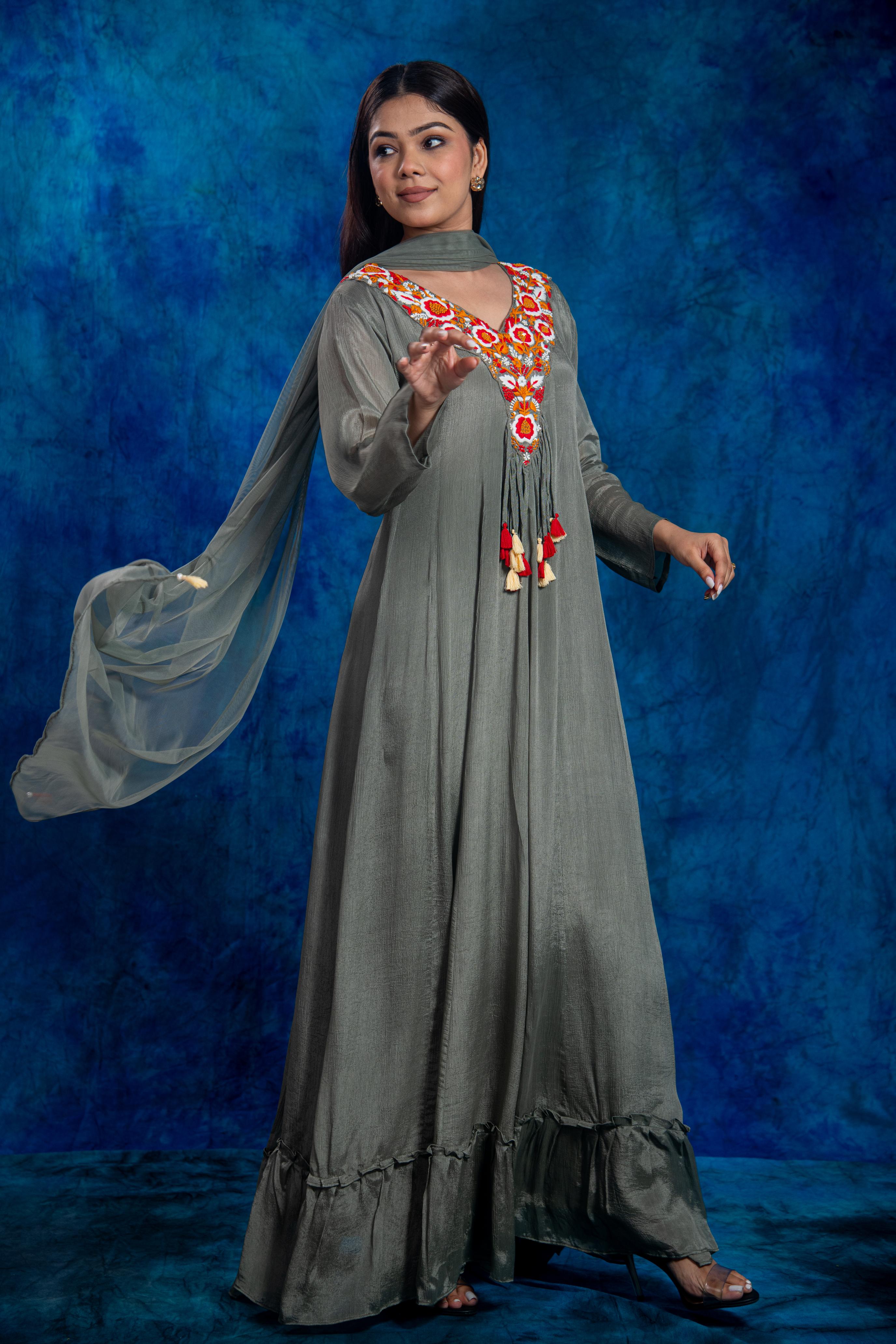 Grey Embroidered Chinon Silk Anarkali Set