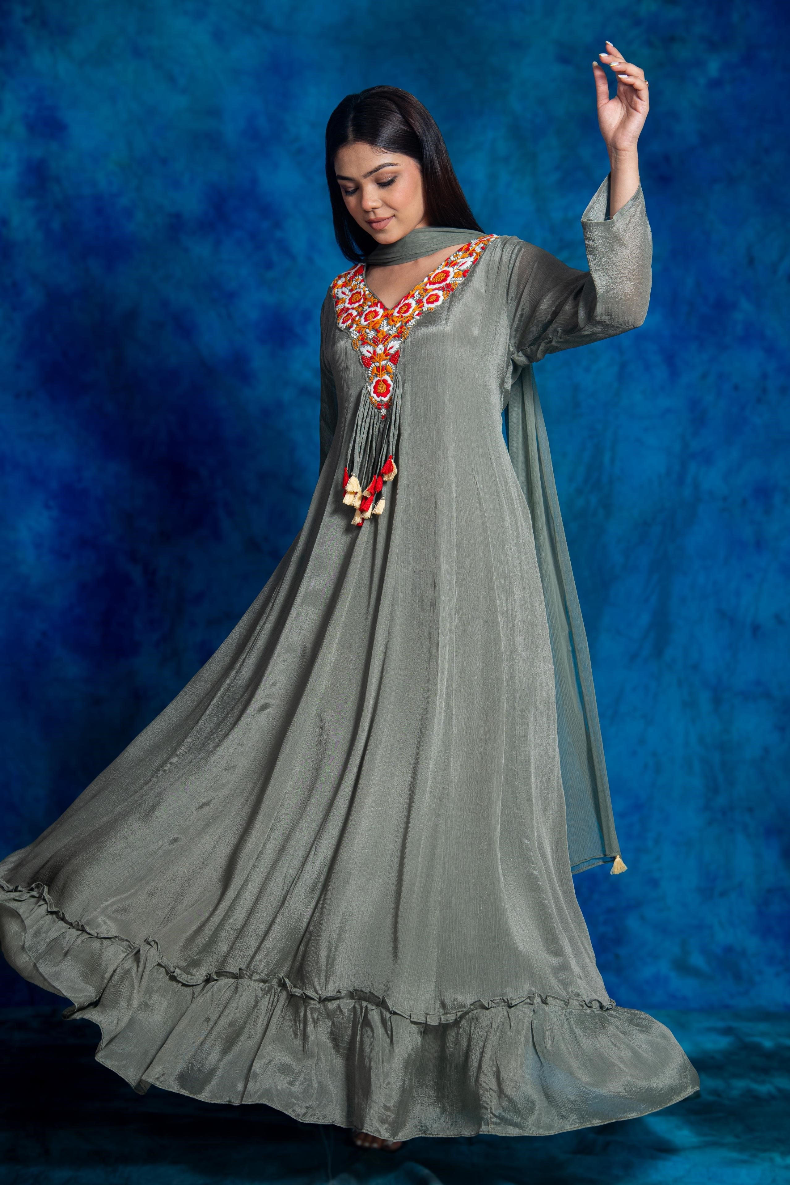 Grey Embroidered Chinon Silk Anarkali Set