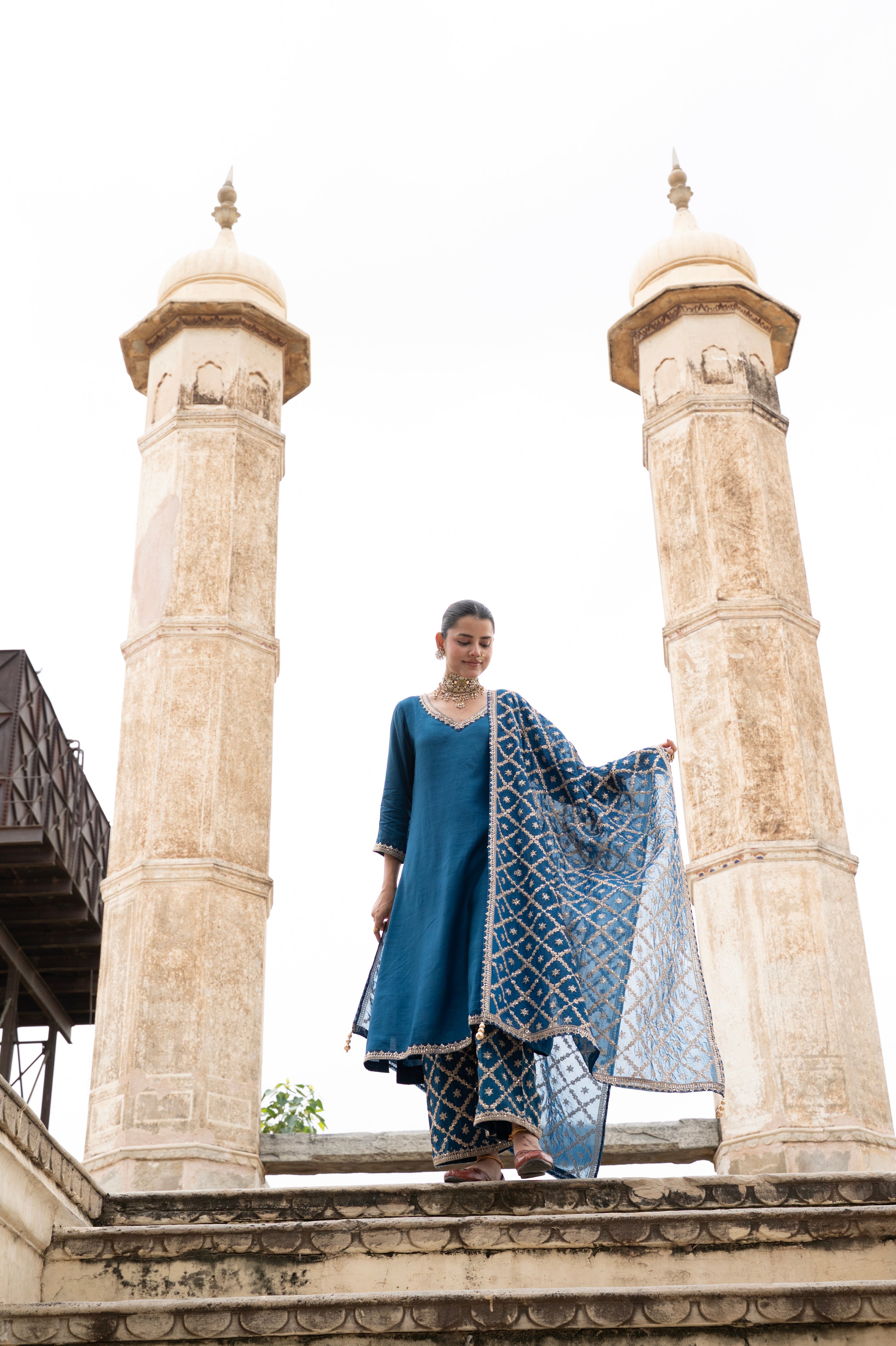 Indigo Blue Embellished Dola Silk Pant Set