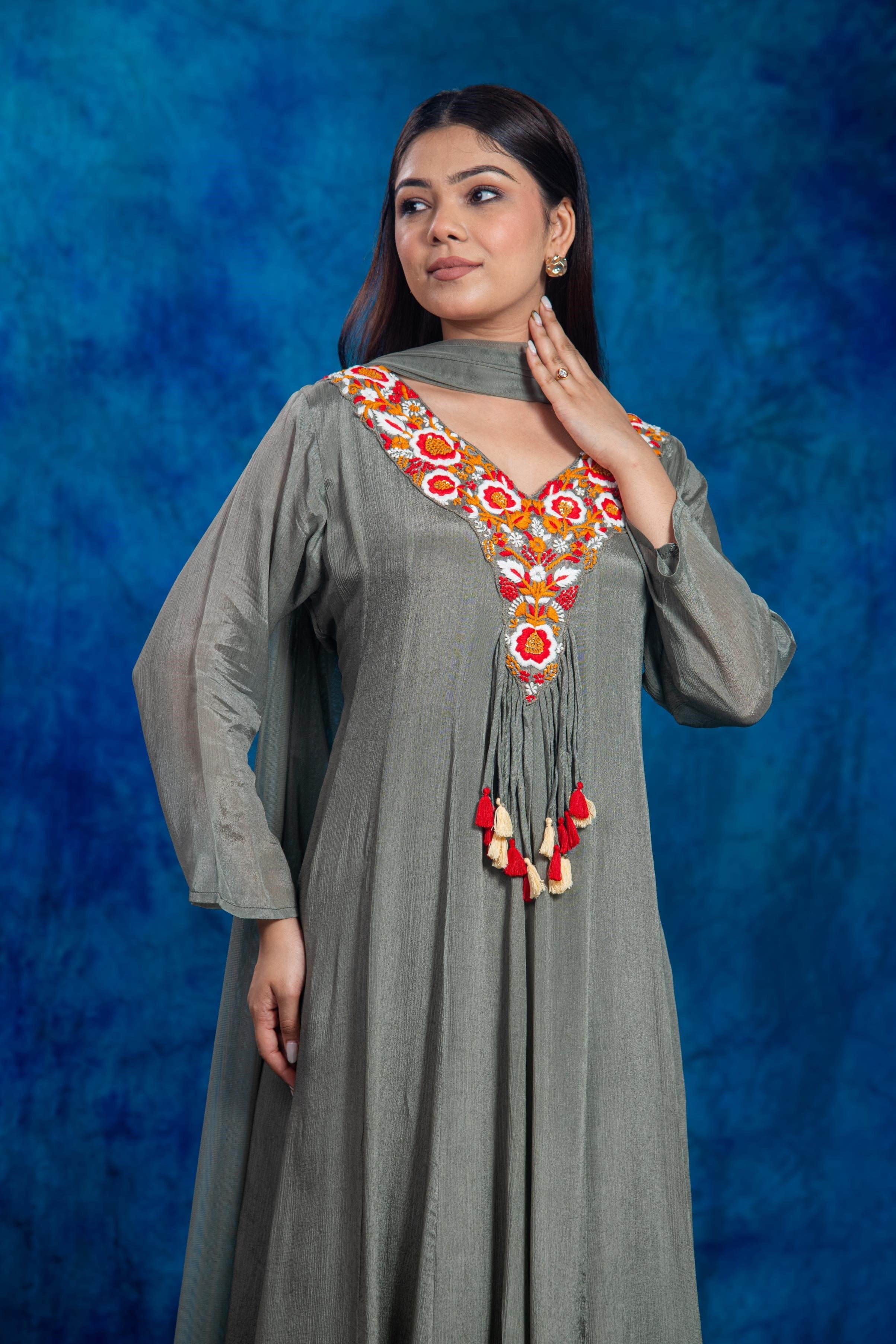 Grey Embroidered Chinon Silk Anarkali Set