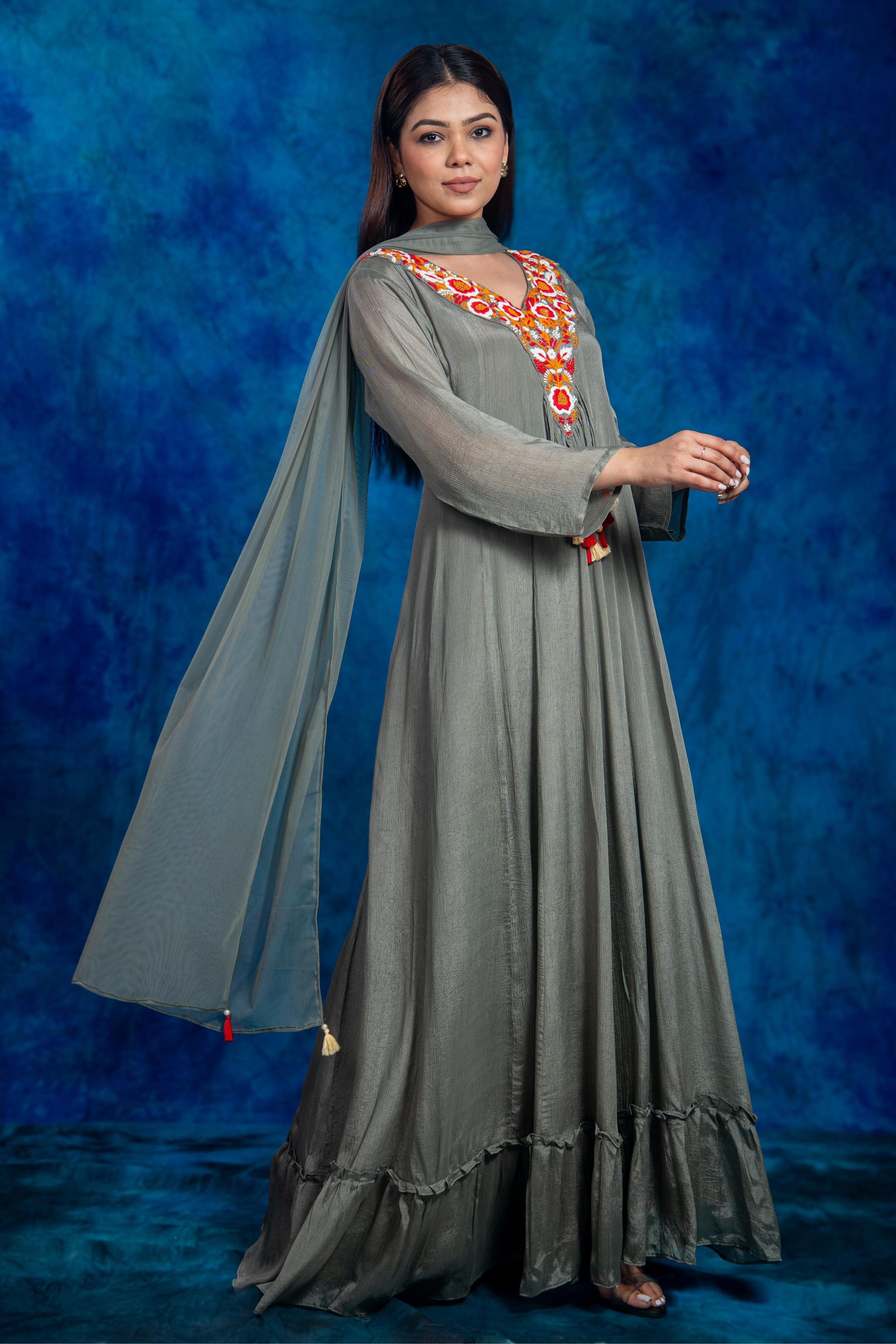Grey Embroidered Chinon Silk Anarkali Set