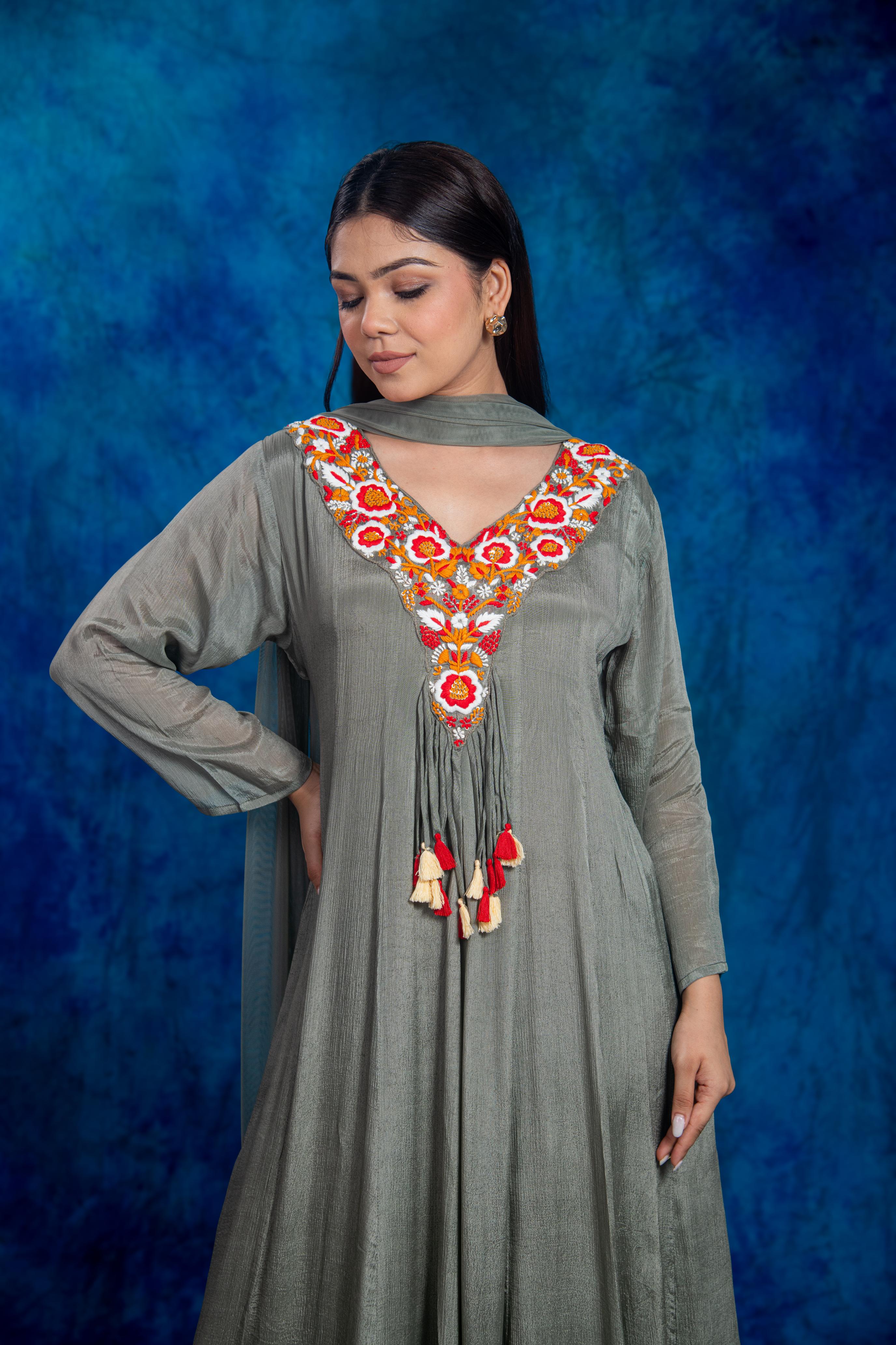Grey Embroidered Chinon Silk Anarkali Set