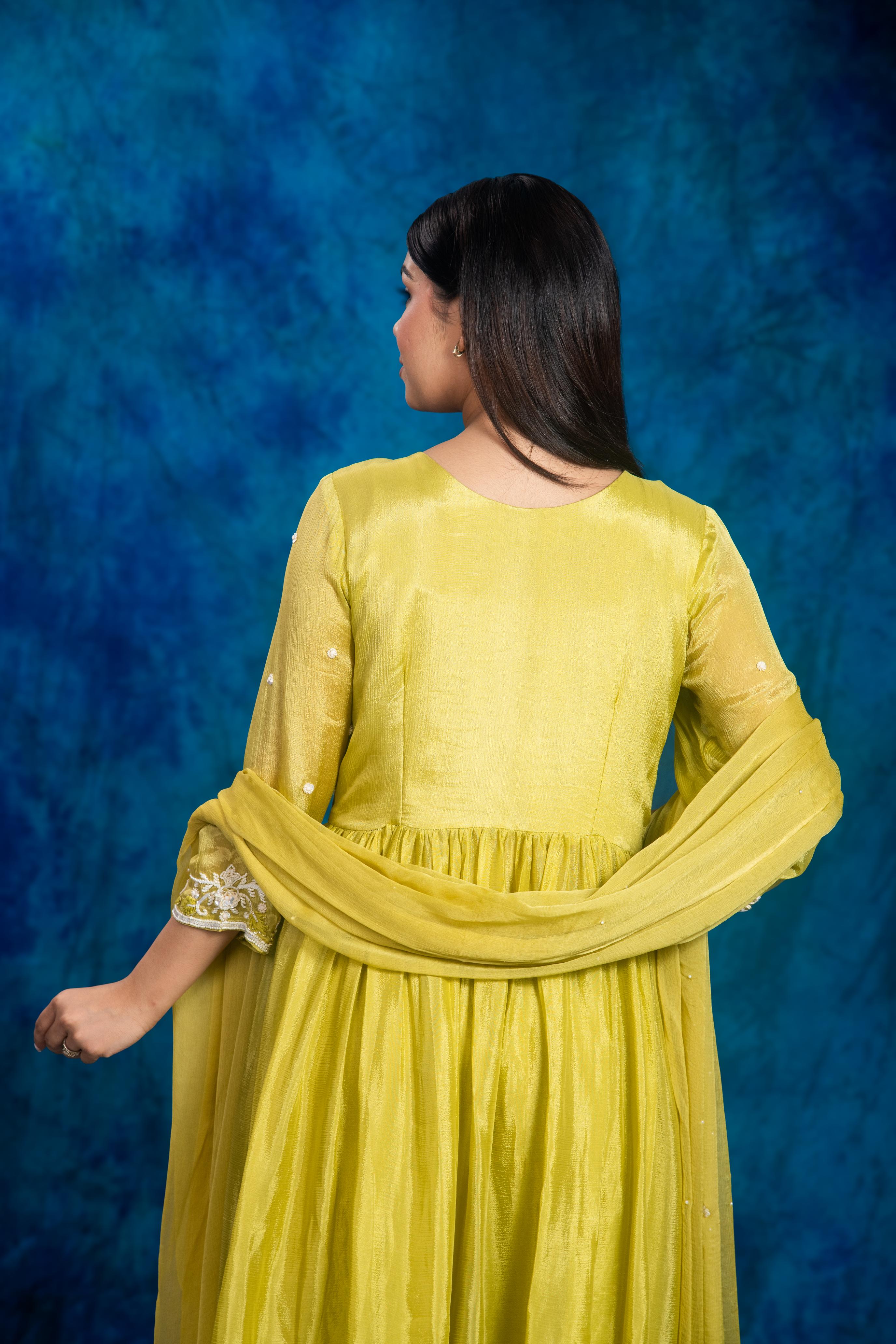 Green Embroidered Chinon Silk Sharara Set