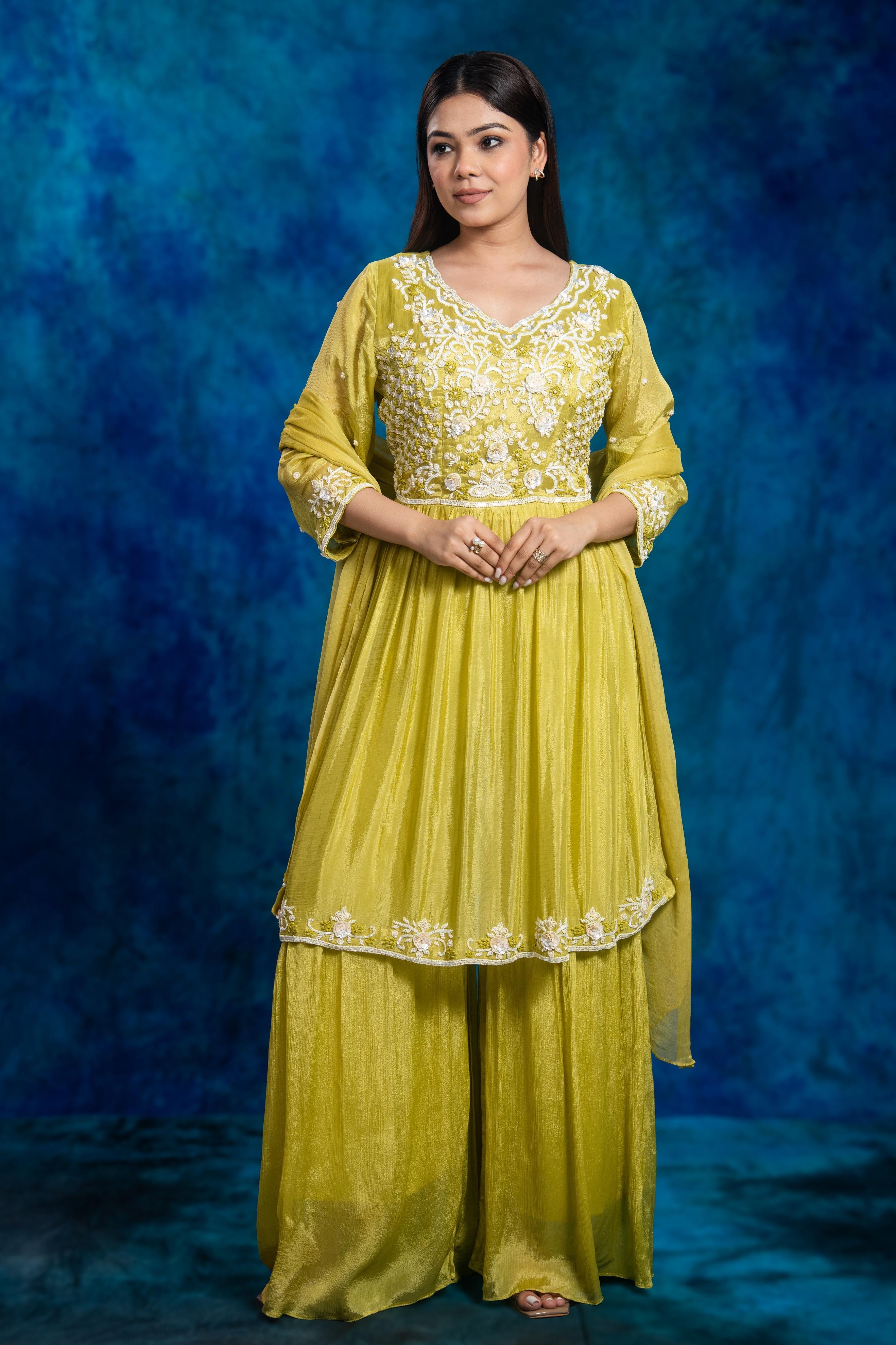 Green Embroidered Chinon Silk Sharara Set