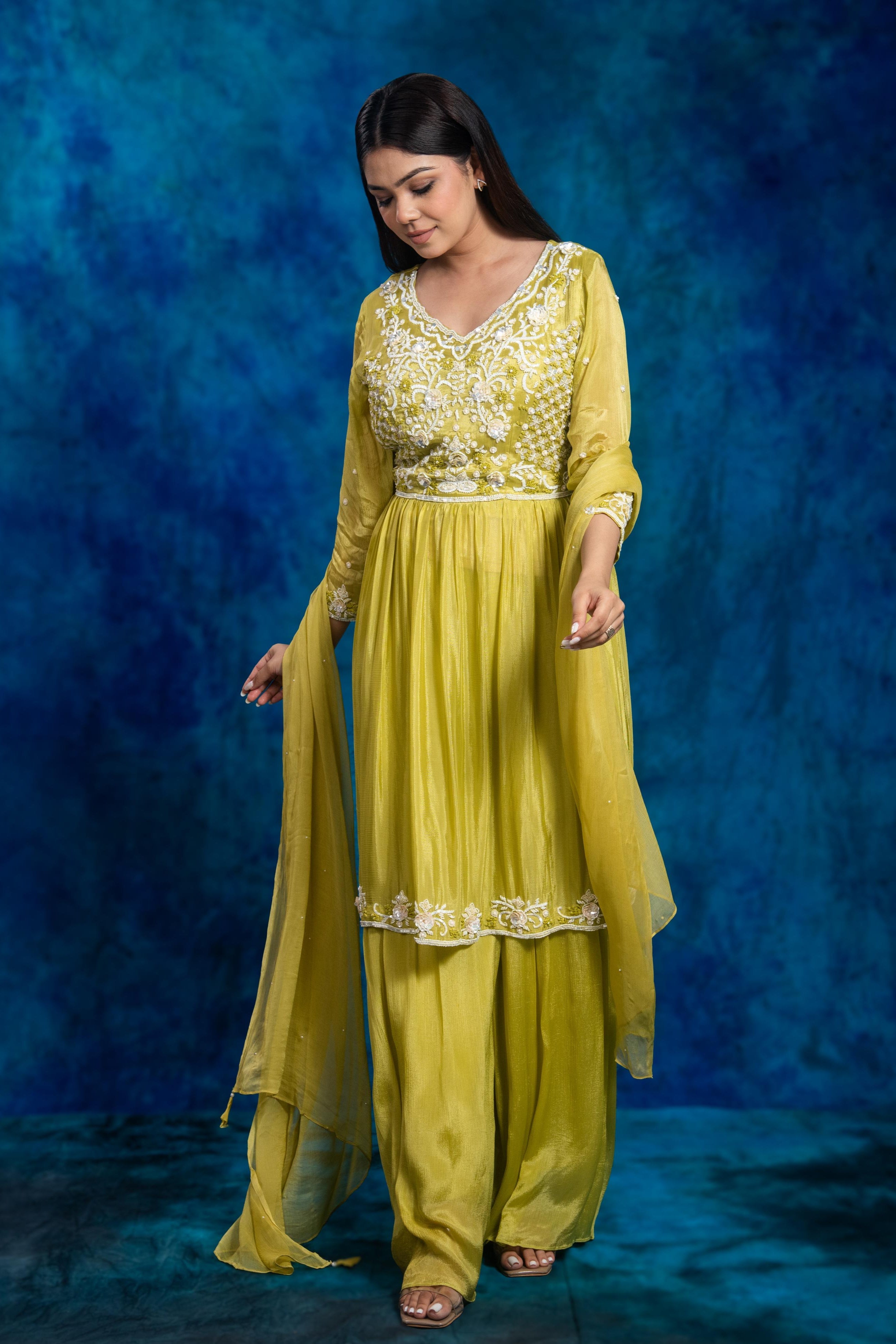 Green Embroidered Chinon Silk Sharara Set