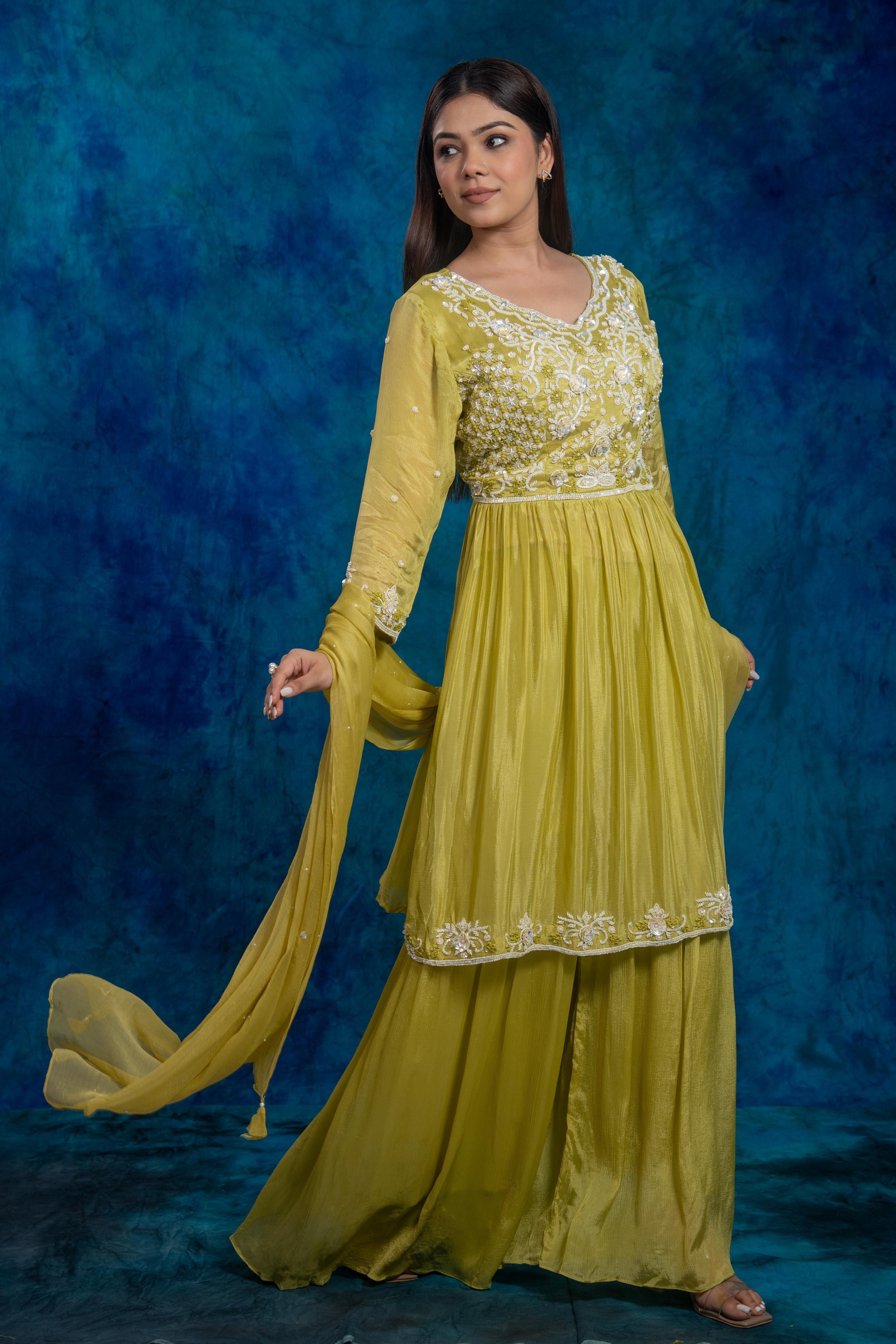 Green Embroidered Chinon Silk Sharara Set