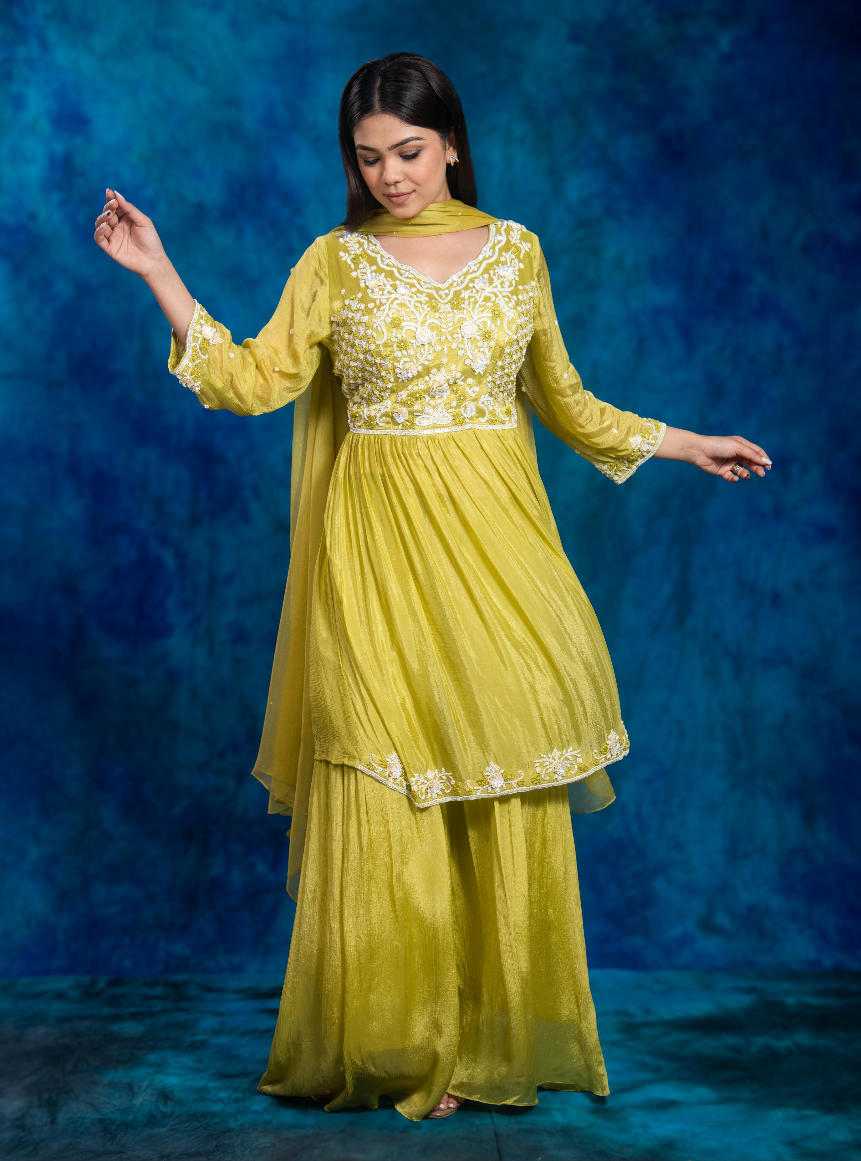 Green Embroidered Chinon Silk Sharara Set