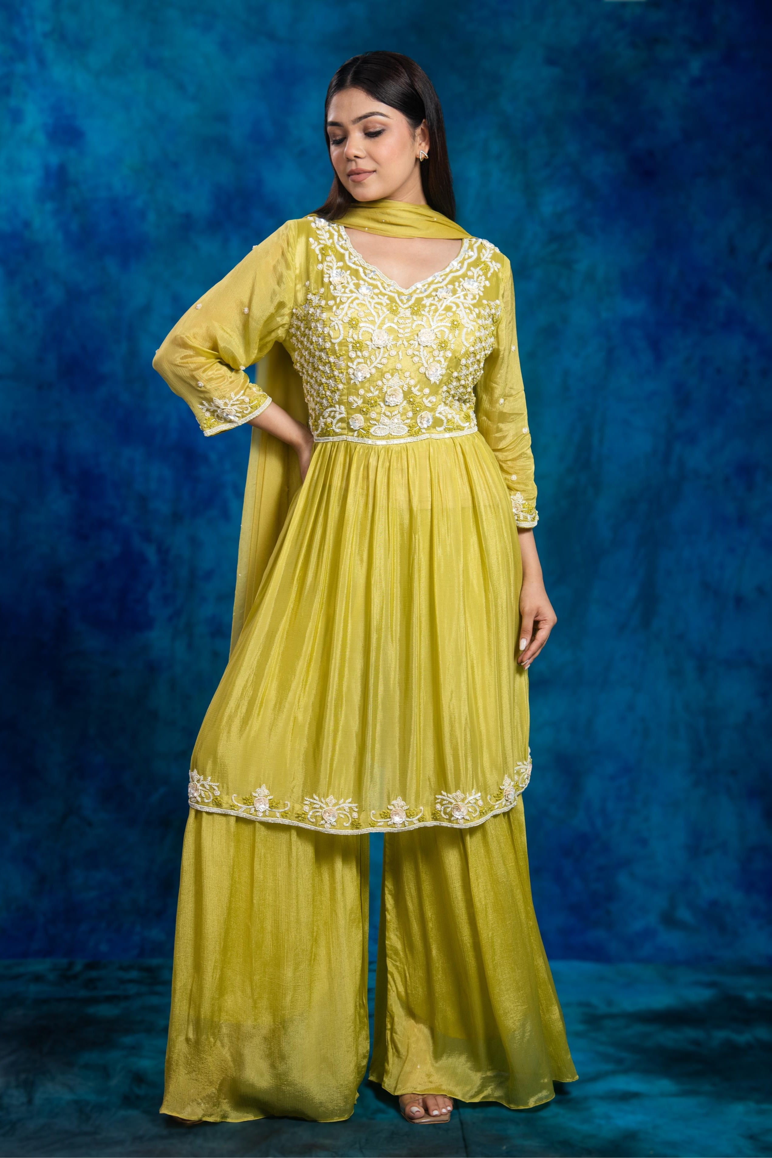 Green Embroidered Chinon Silk Sharara Set