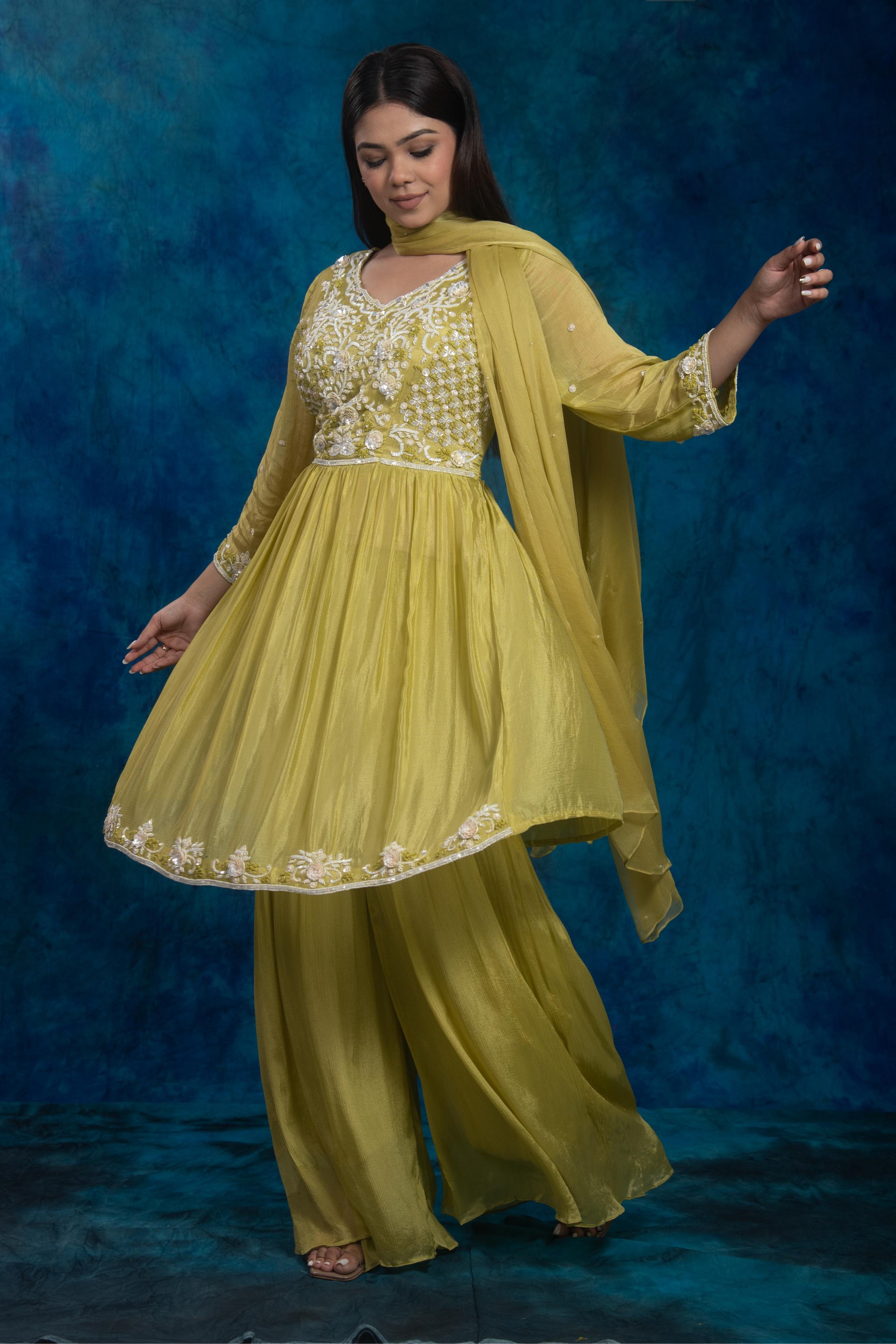 Green Embroidered Chinon Silk Sharara Set