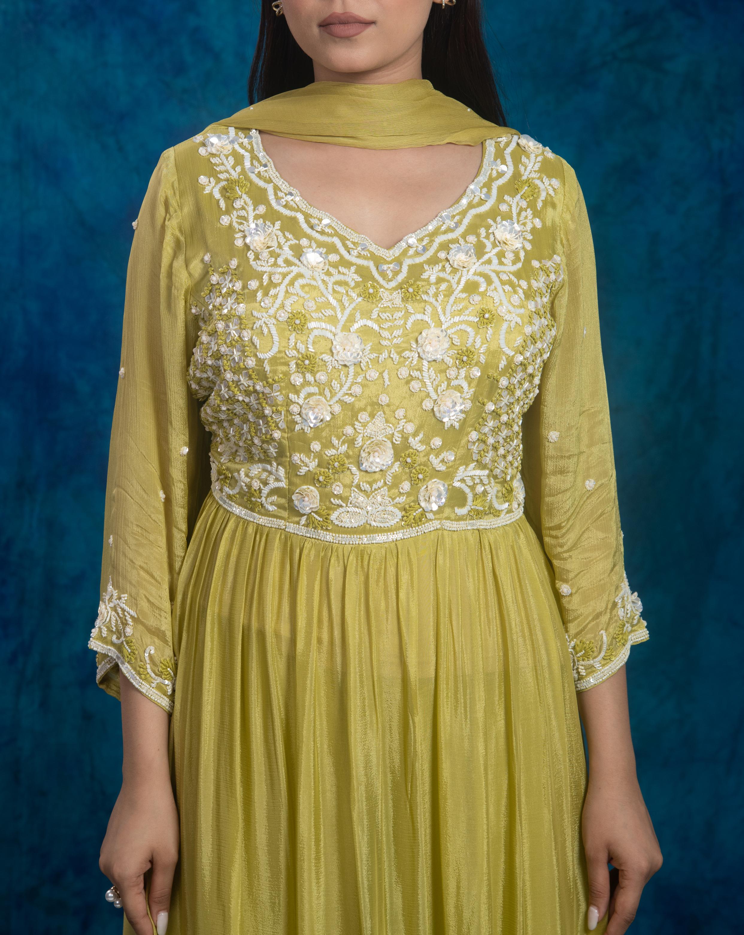 Green Embroidered Chinon Silk Sharara Set