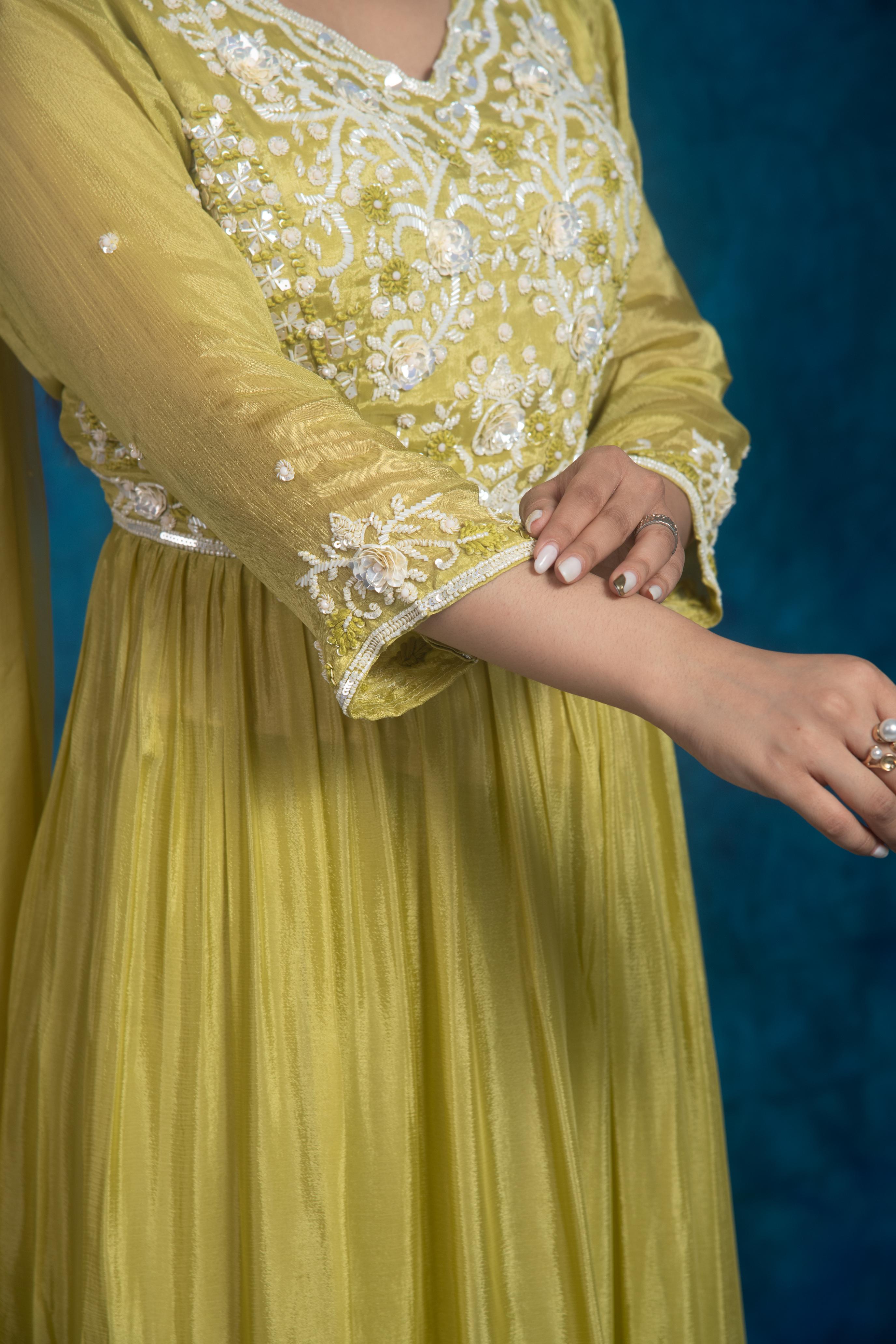 Green Embroidered Chinon Silk Sharara Set