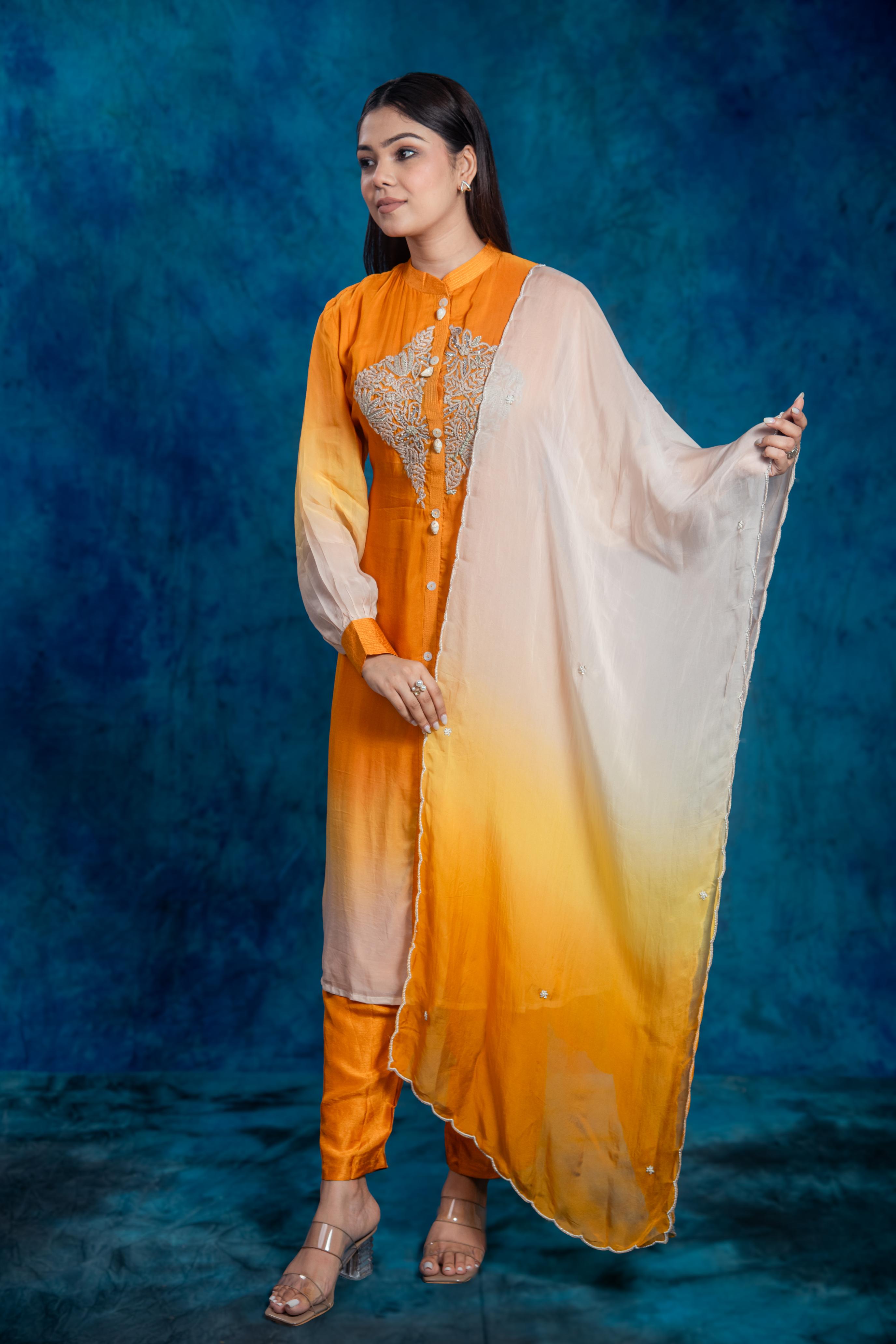 Ochre Yellow Embroidered Pants Set