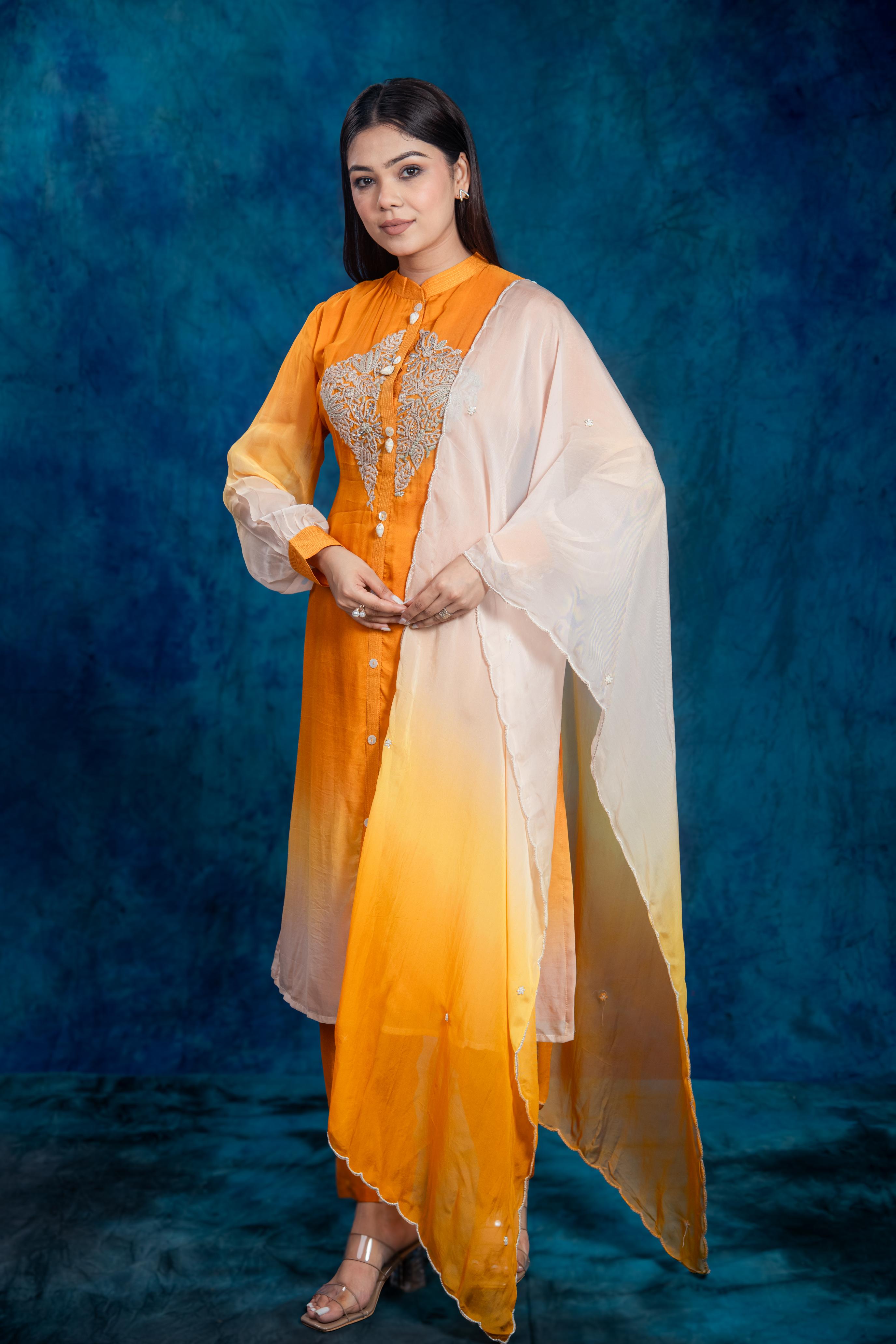 Ochre Yellow Embroidered Pants Set