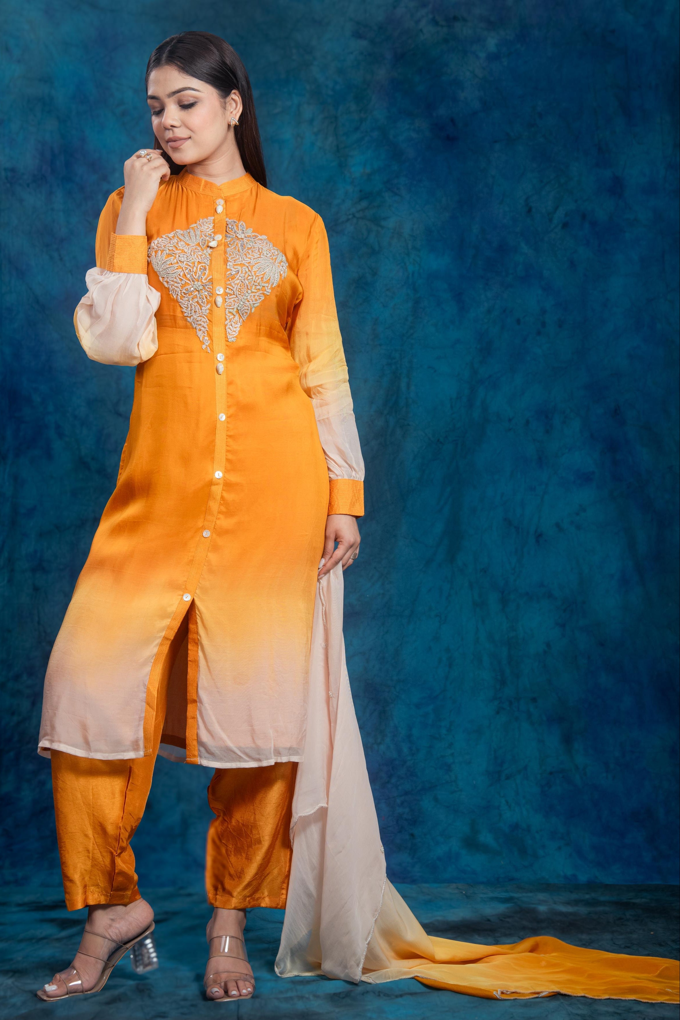 Ochre Yellow Embroidered Pants Set