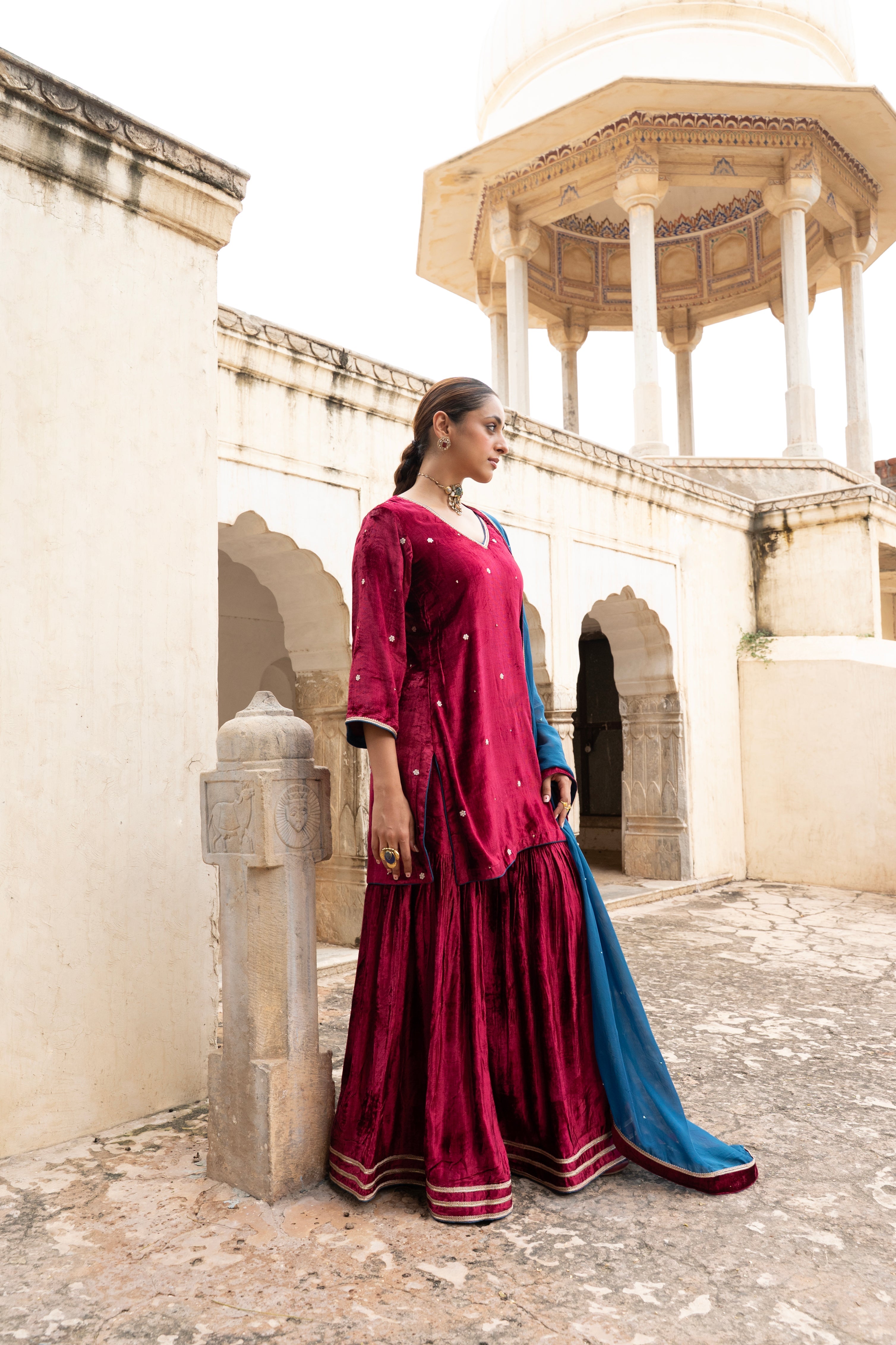 Rich Maroon Embellished Premium Velvet Sharara Set