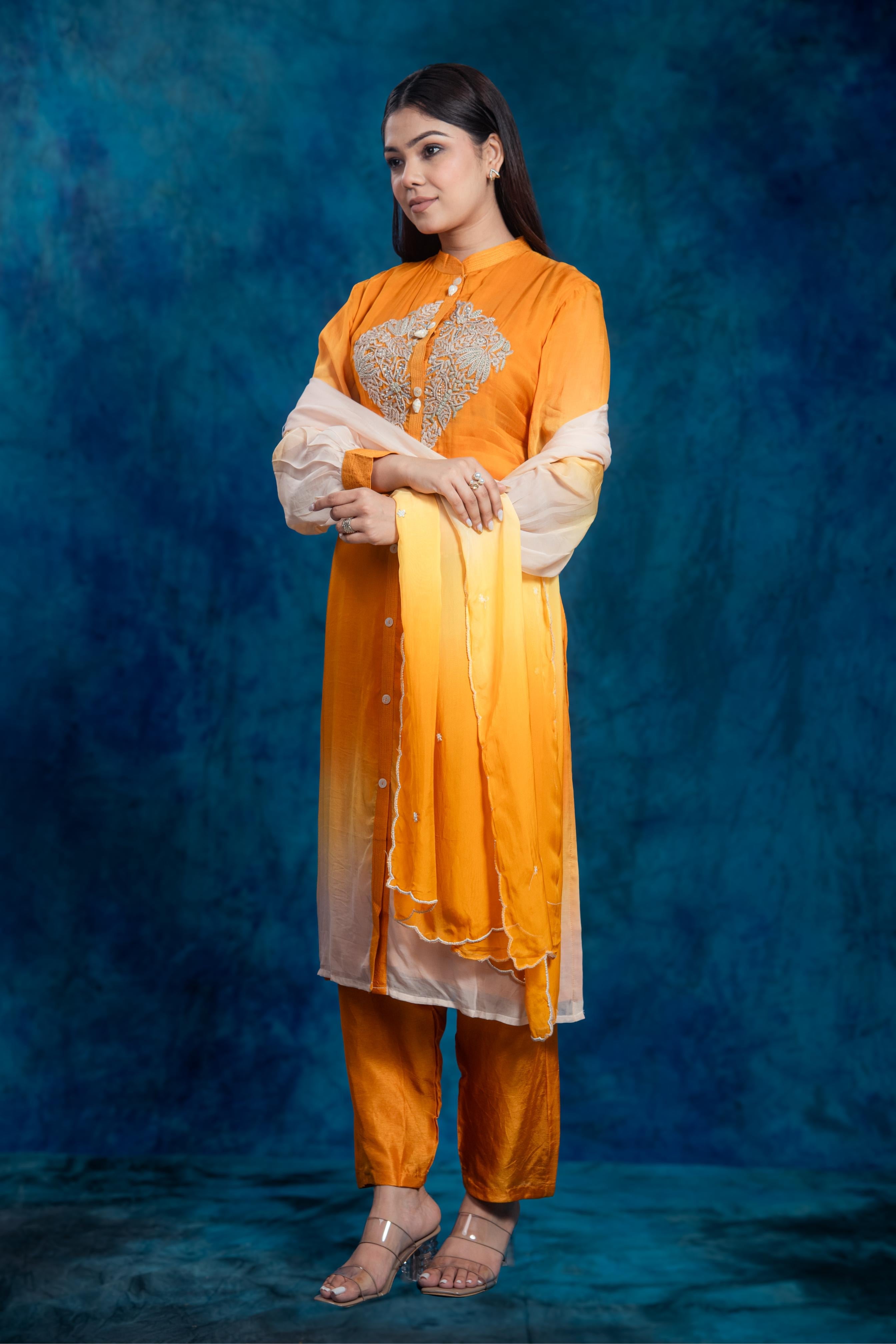 Ochre Yellow Embroidered Pants Set