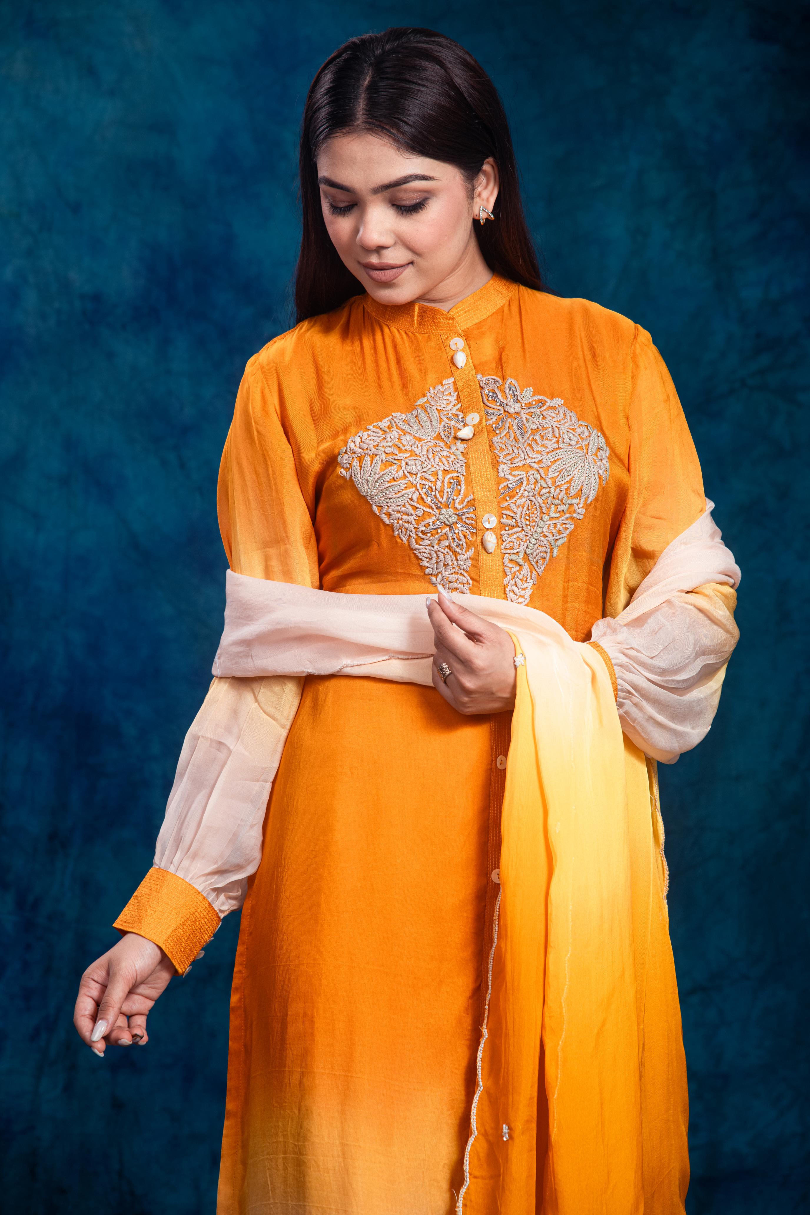 Ochre Yellow Embroidered Pants Set