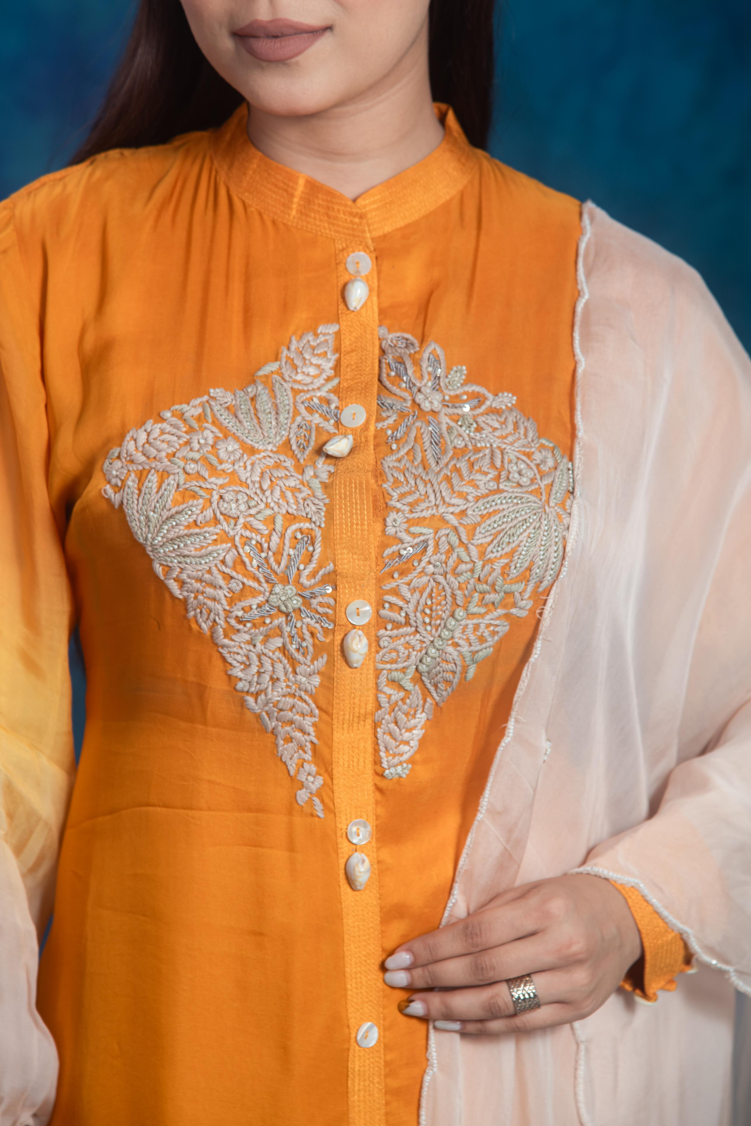 Ochre Yellow Embroidered Pants Set