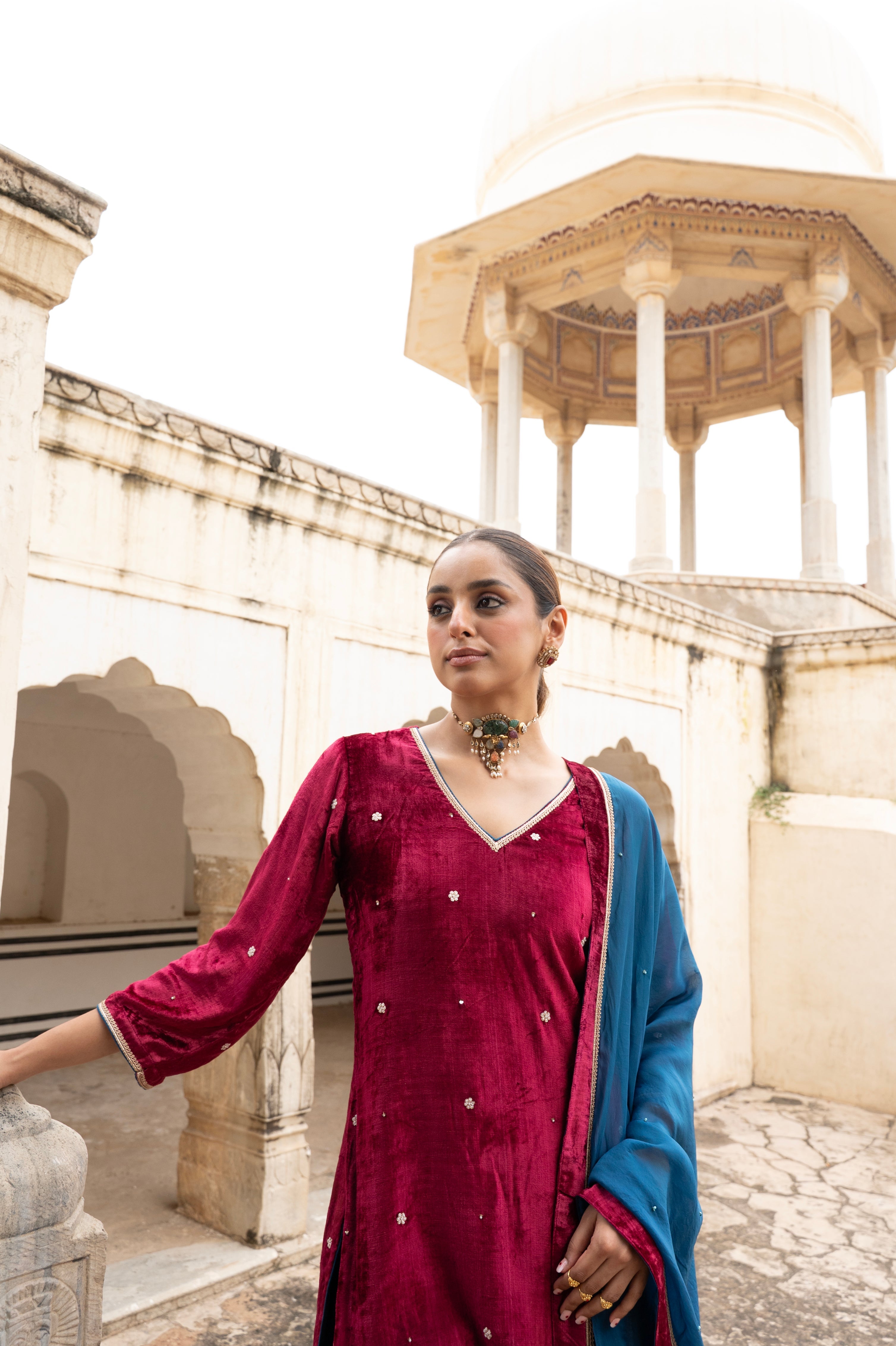 Rich Maroon Embellished Premium Velvet Sharara Set