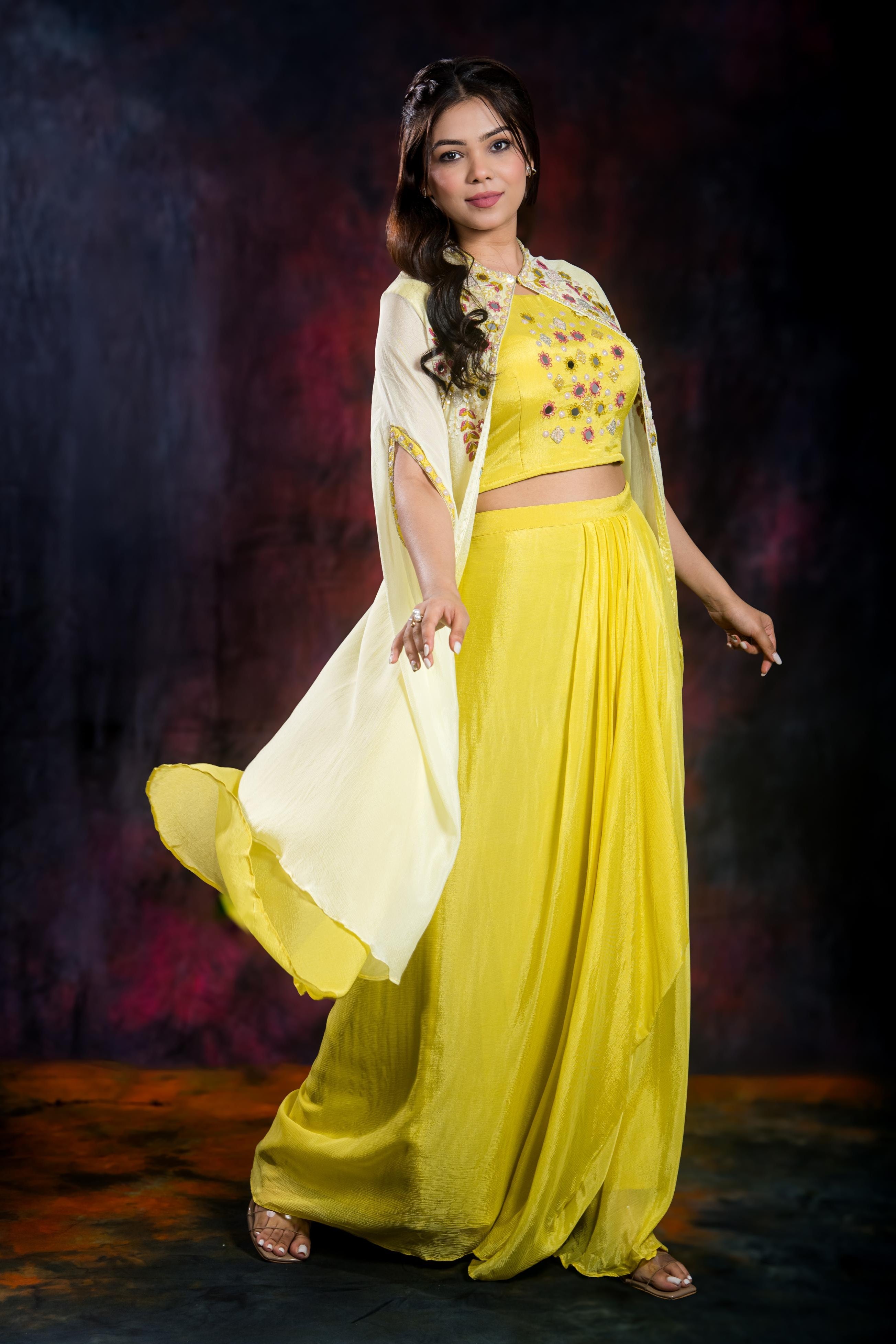 Light Yellow Chinon Silk Cape Set