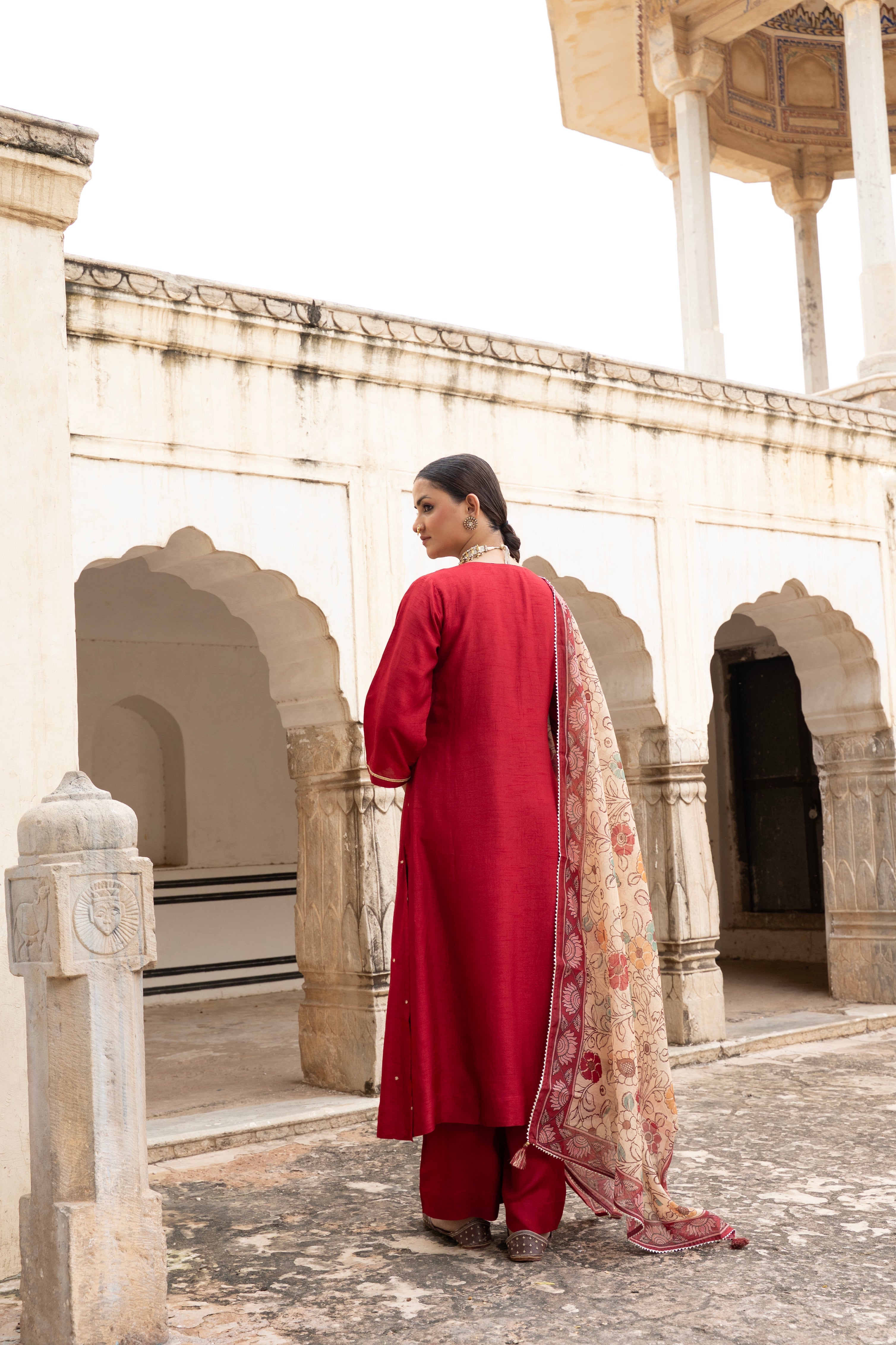 Maroon Embellished Dola Silk Pant Set