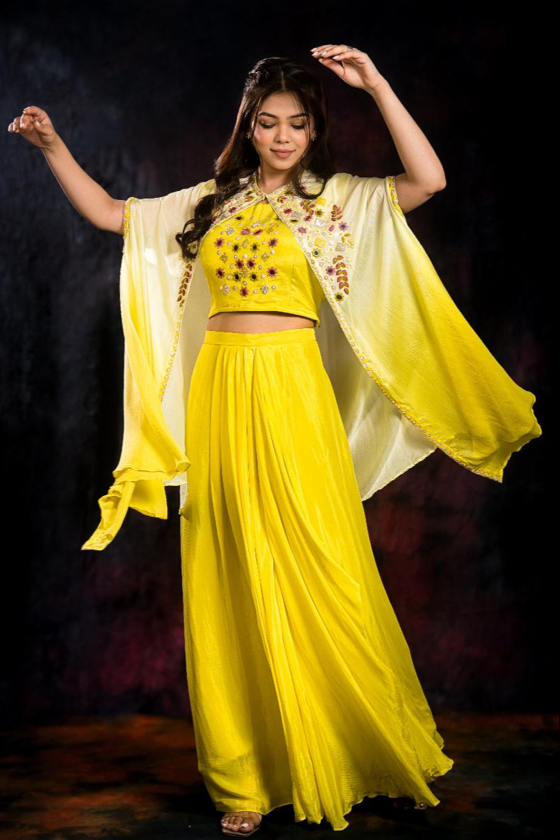 Light Yellow Chinon Silk Cape Set