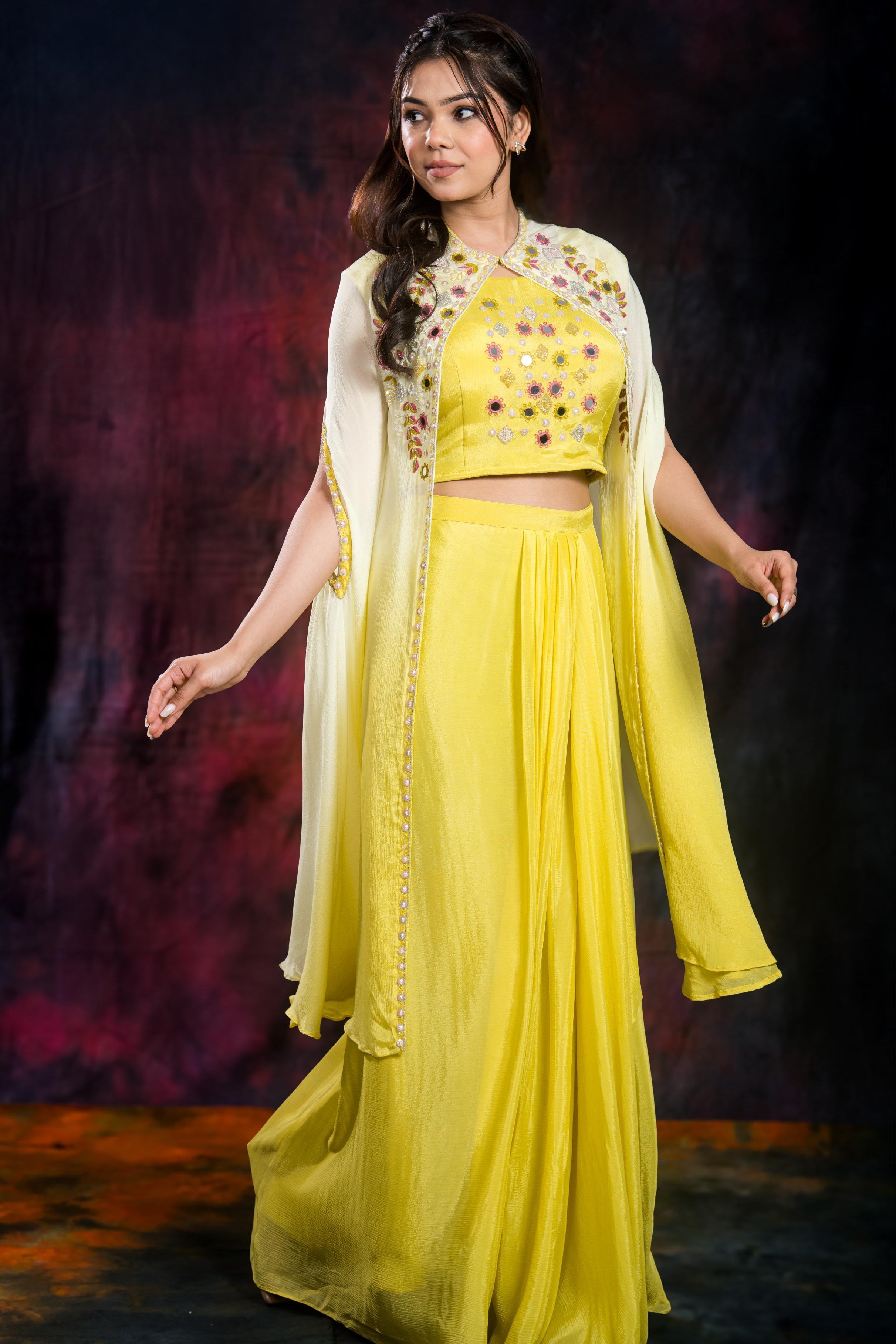 Light Yellow Chinon Silk Cape Set