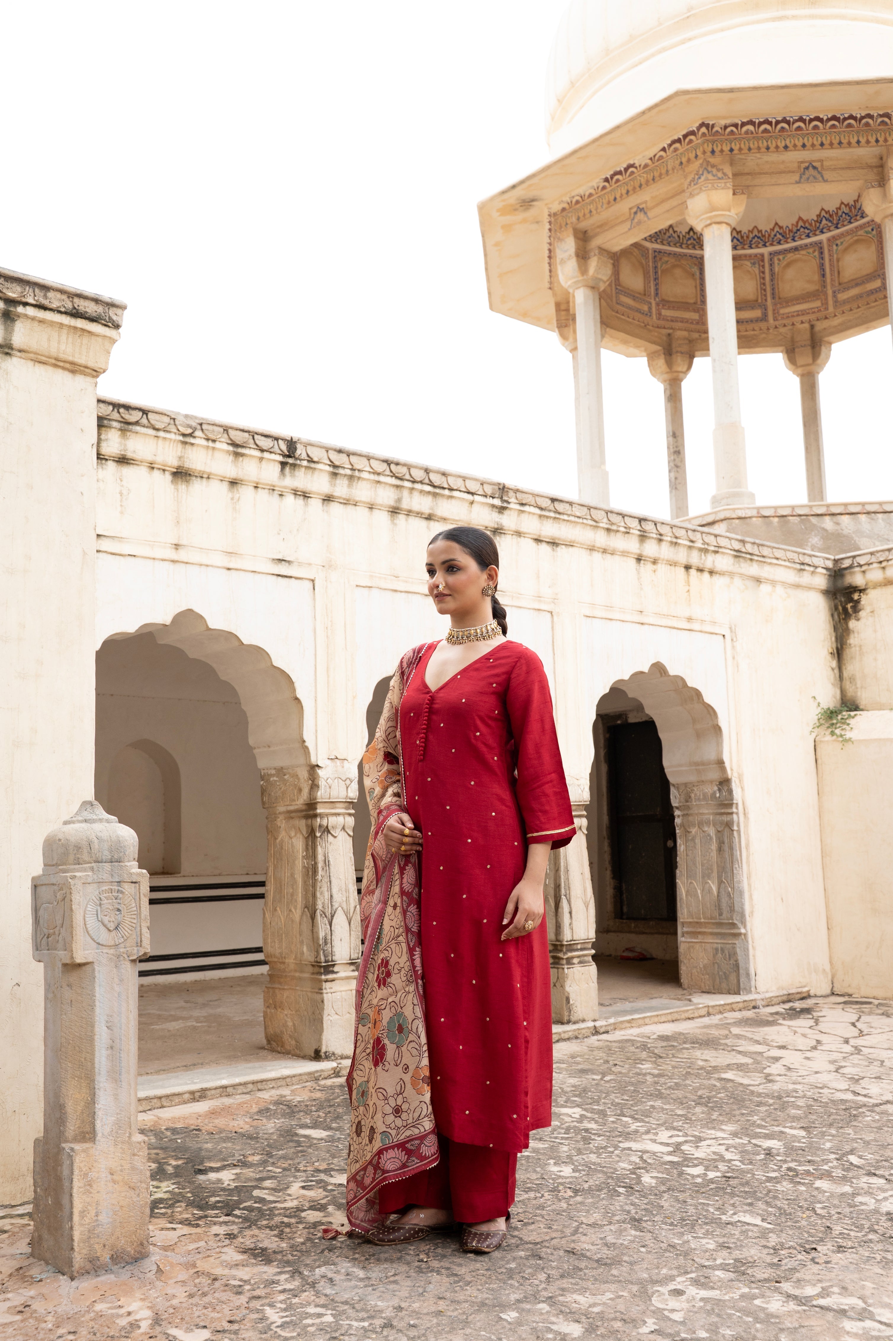 Maroon Embellished Dola Silk Pant Set