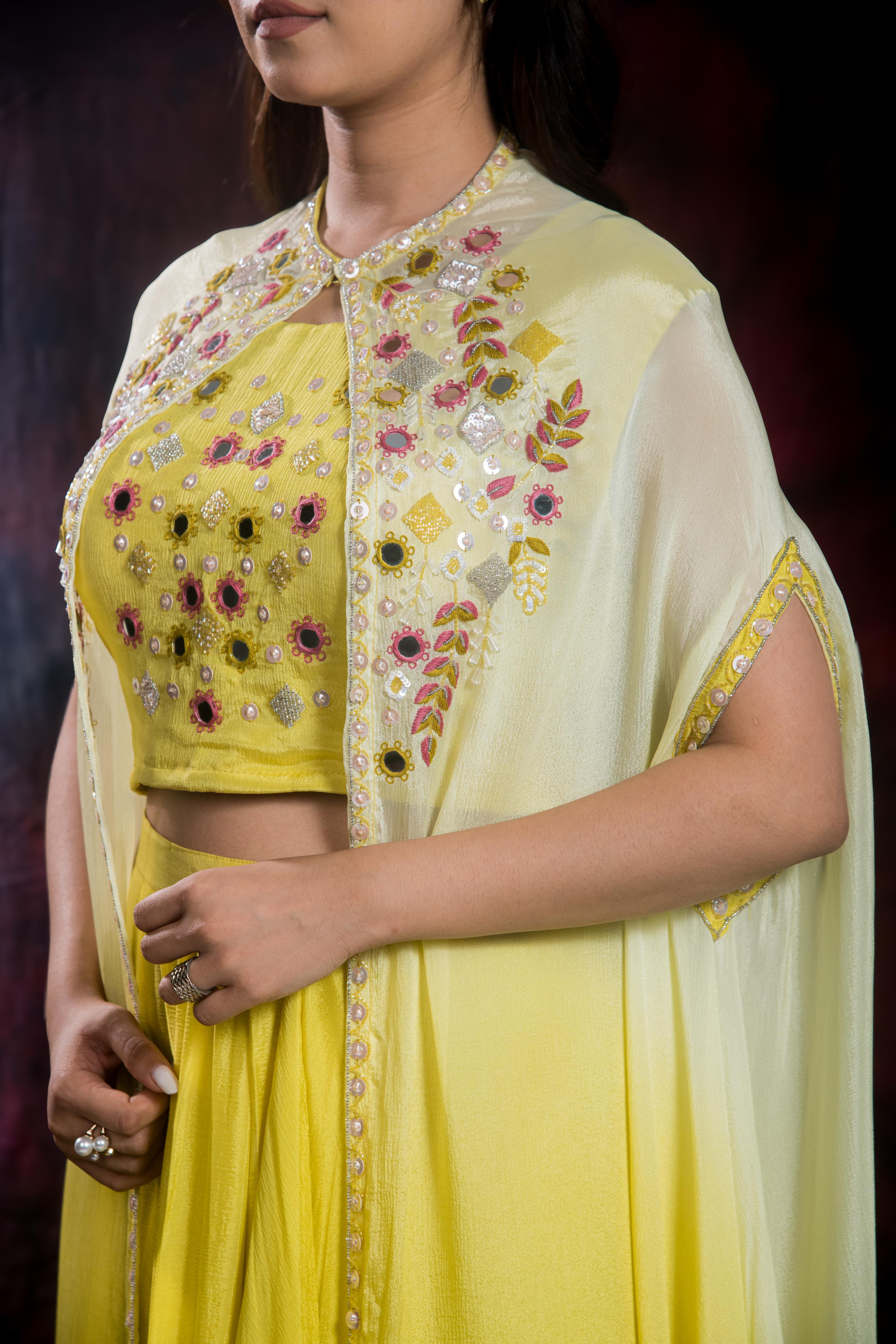 Light Yellow Chinon Silk Cape Set