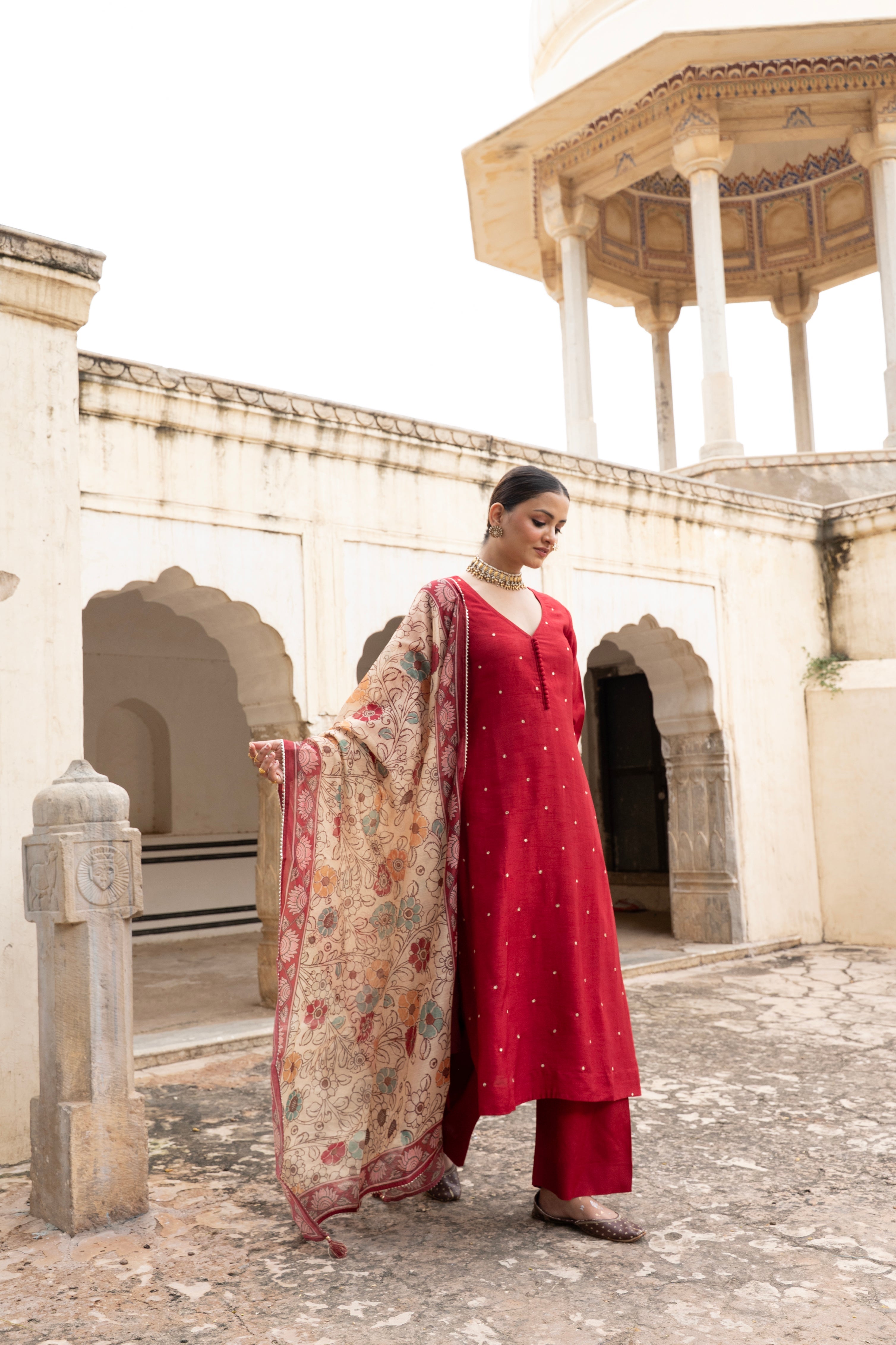 Maroon Embellished Dola Silk Pant Set