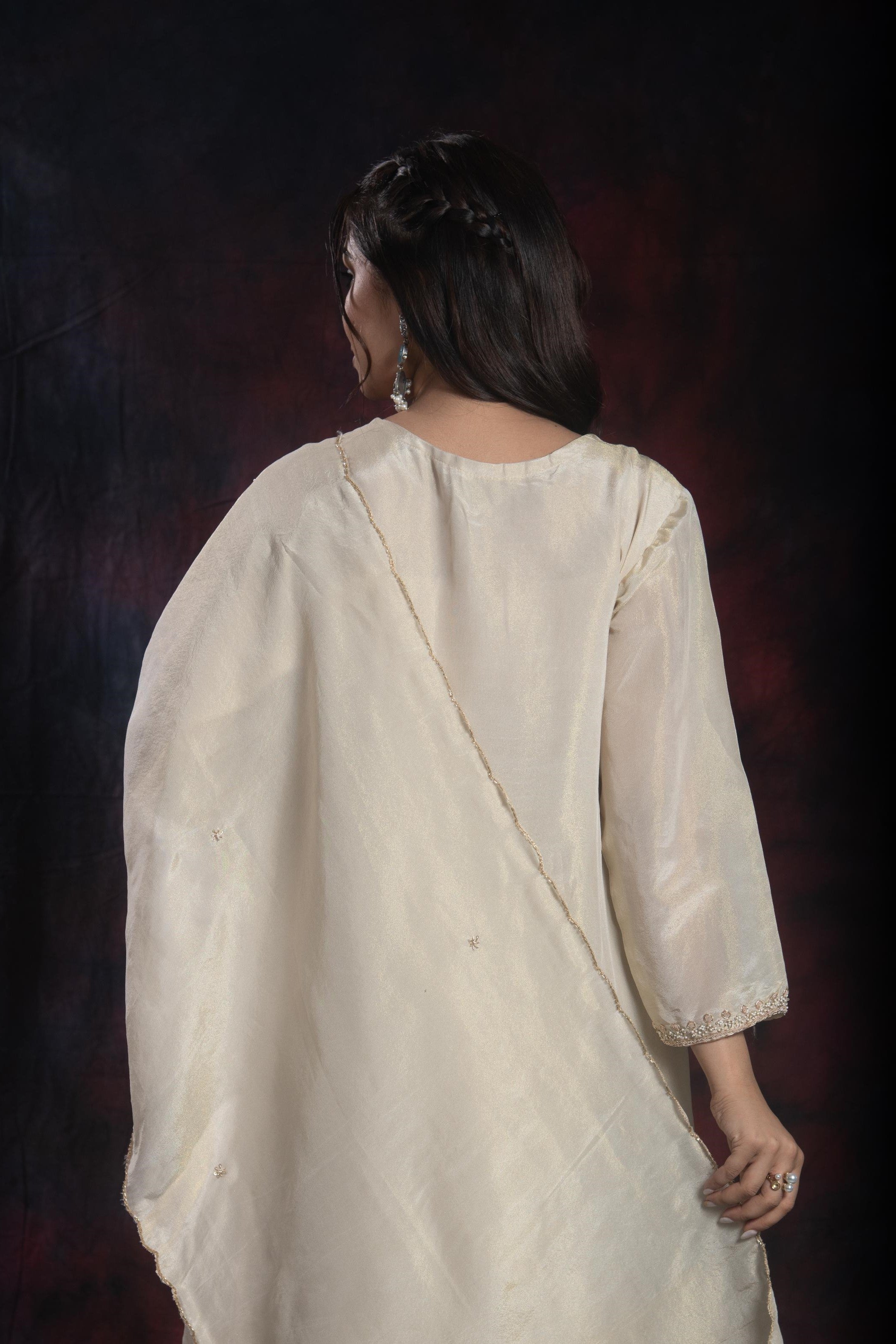 Golden Ivory Shimmer Silk Sharara Set