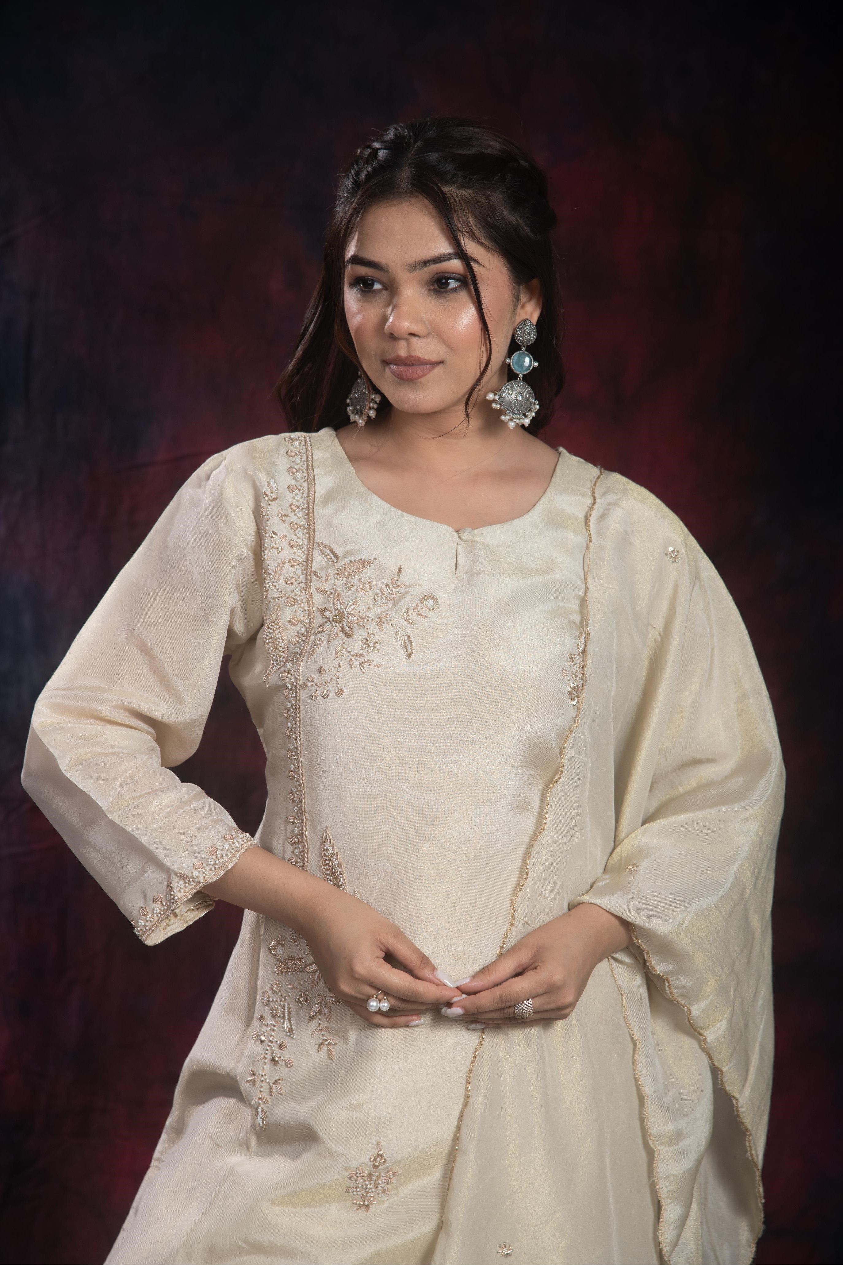 Golden Ivory Shimmer Silk Sharara Set