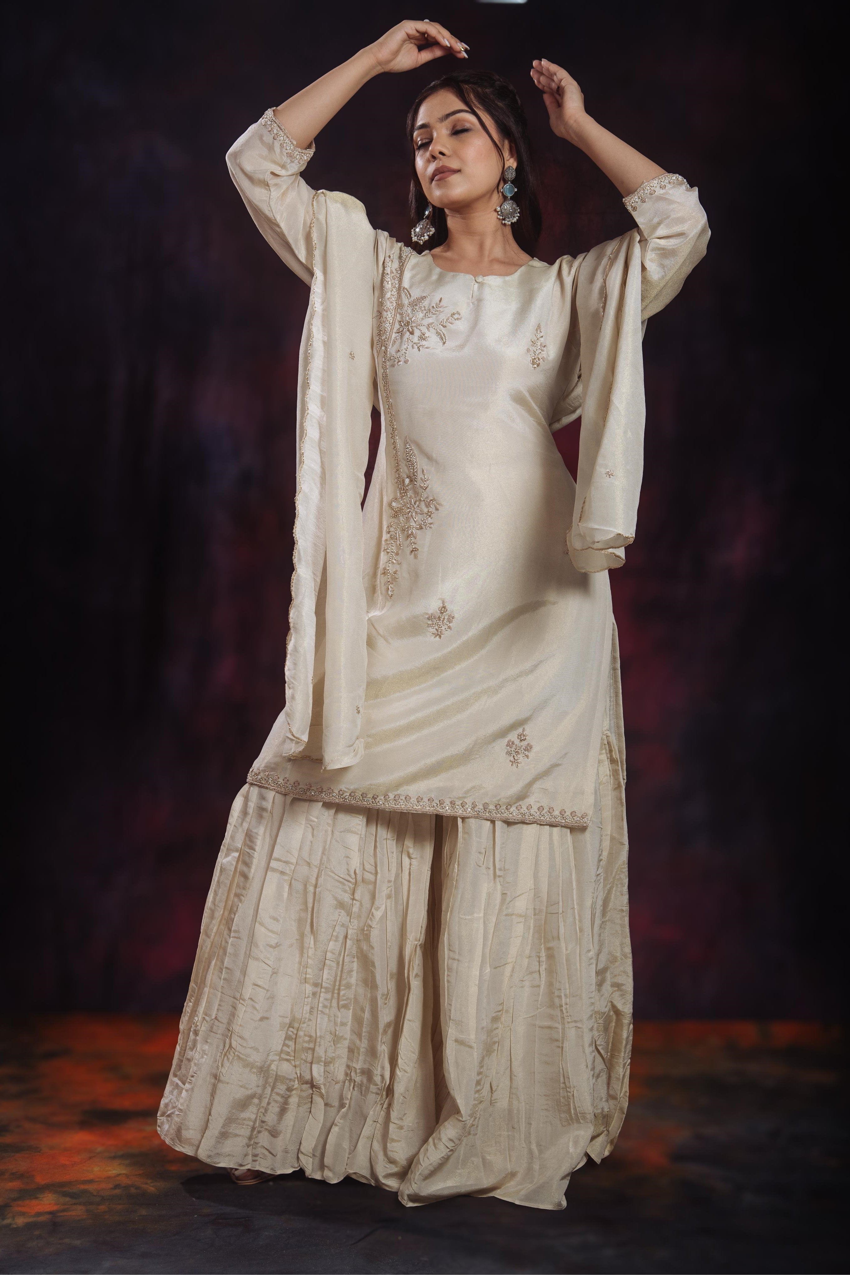 Golden Ivory Shimmer Silk Sharara Set