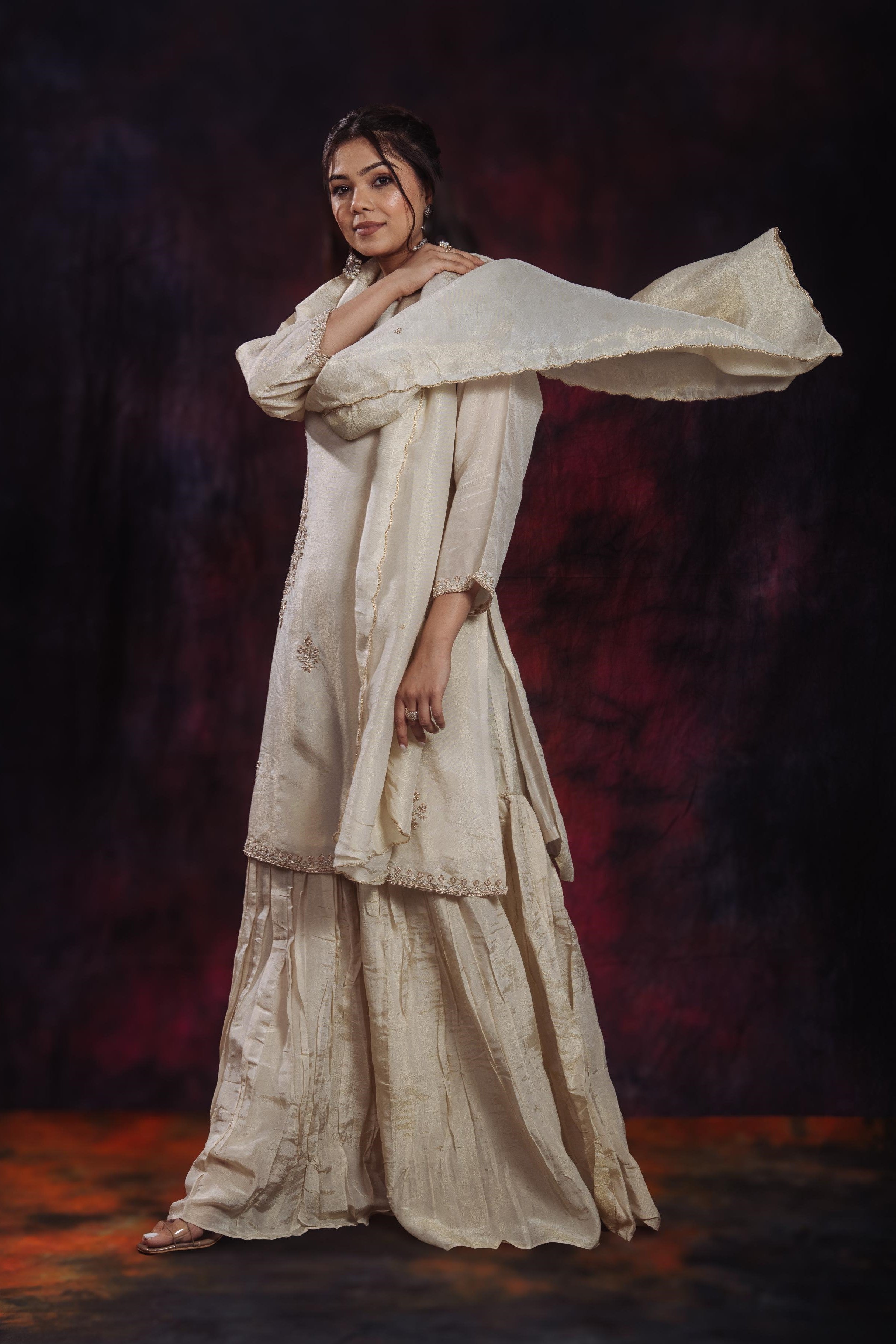 Golden Ivory Shimmer Silk Sharara Set