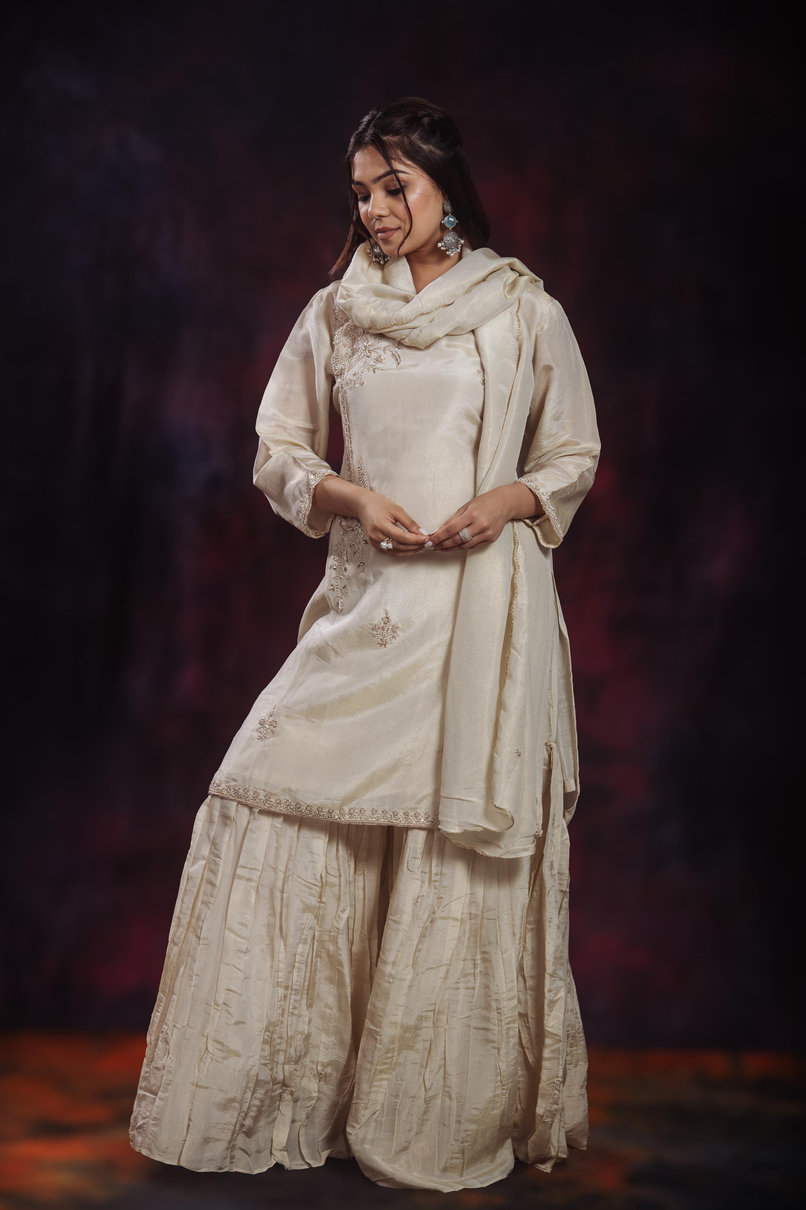 Golden Ivory Shimmer Silk Sharara Set