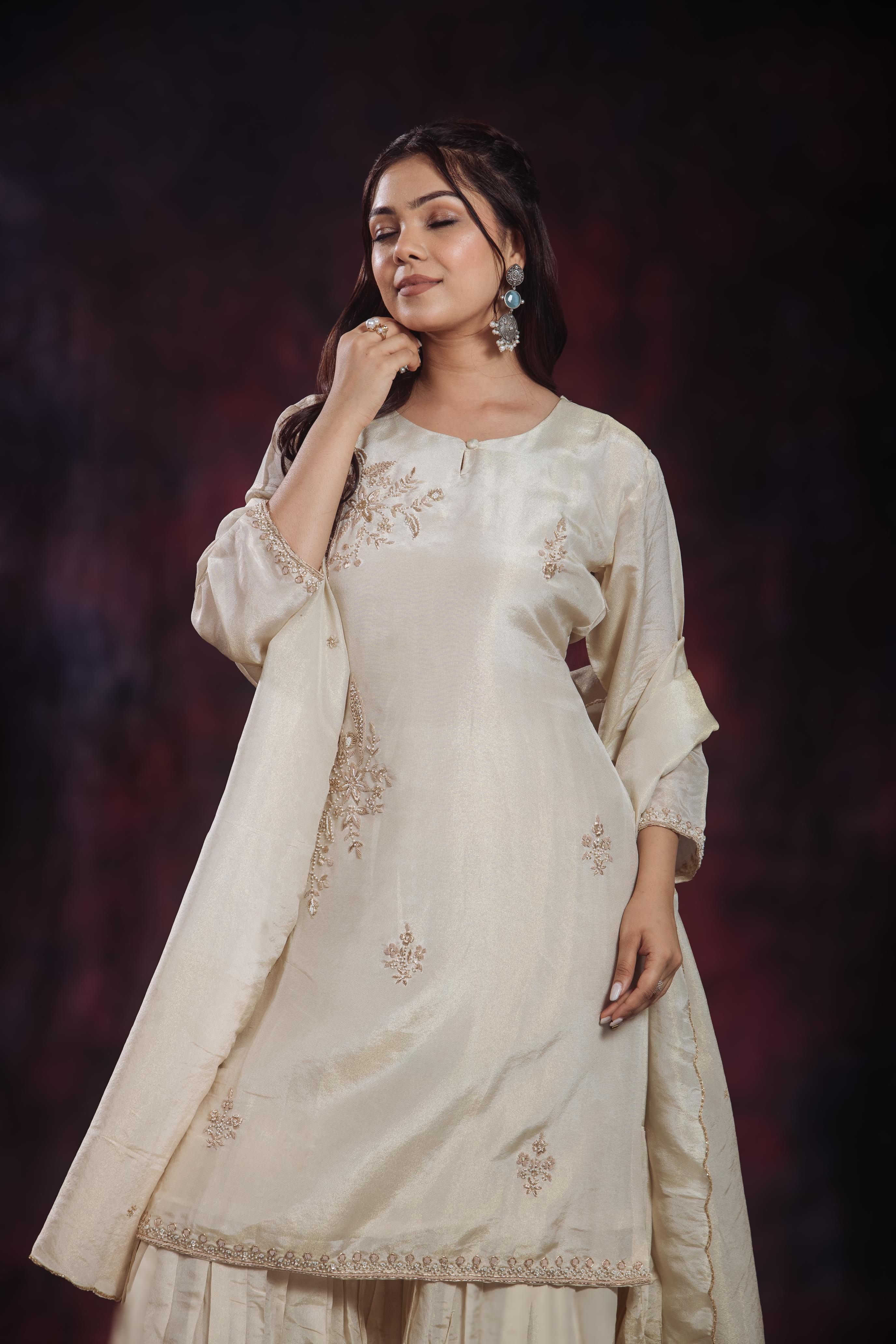 Golden Ivory Shimmer Silk Sharara Set