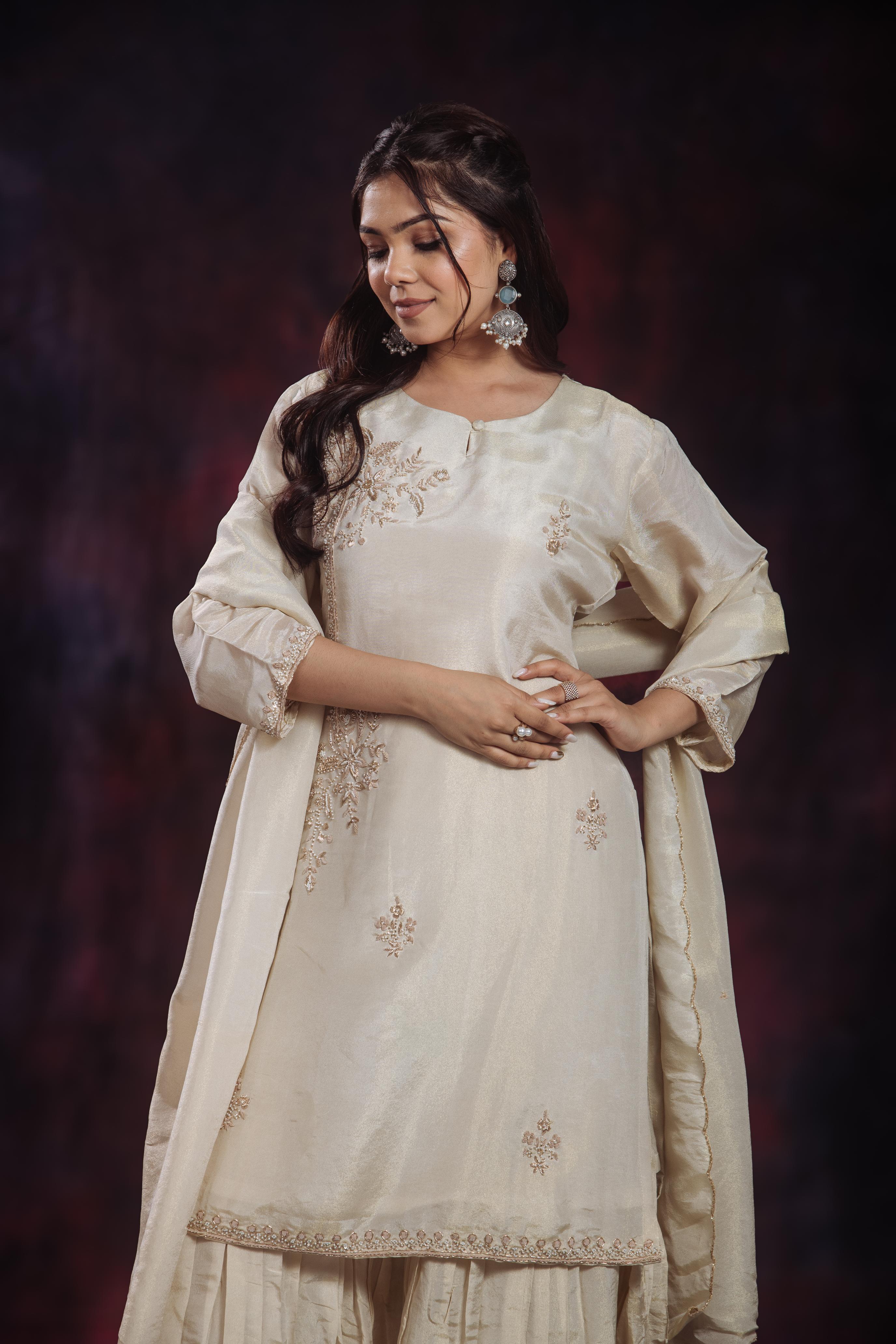Golden Ivory Shimmer Silk Sharara Set