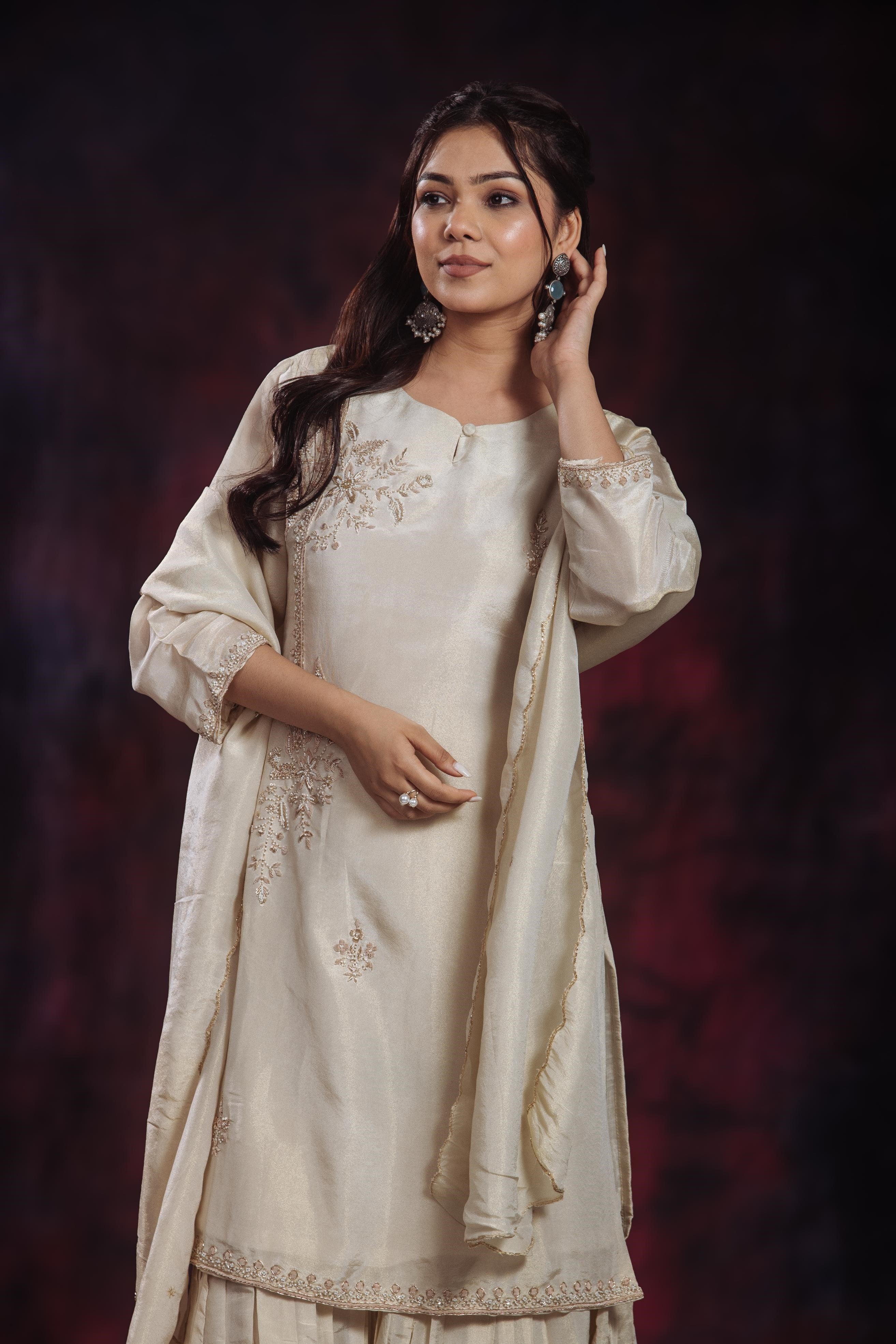 Golden Ivory Shimmer Silk Sharara Set