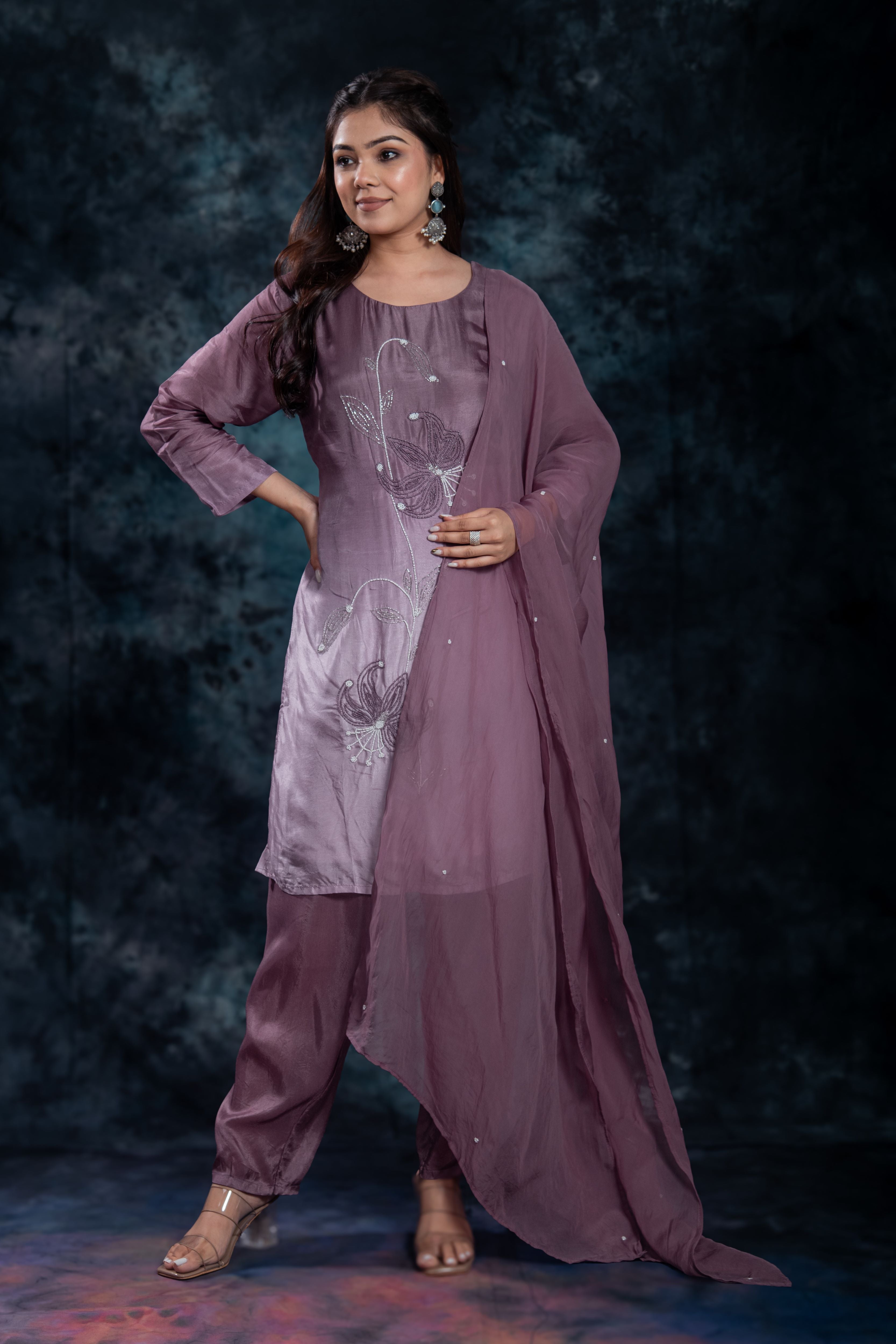 Deep Mauve Embellished Premium Silk Pants Set