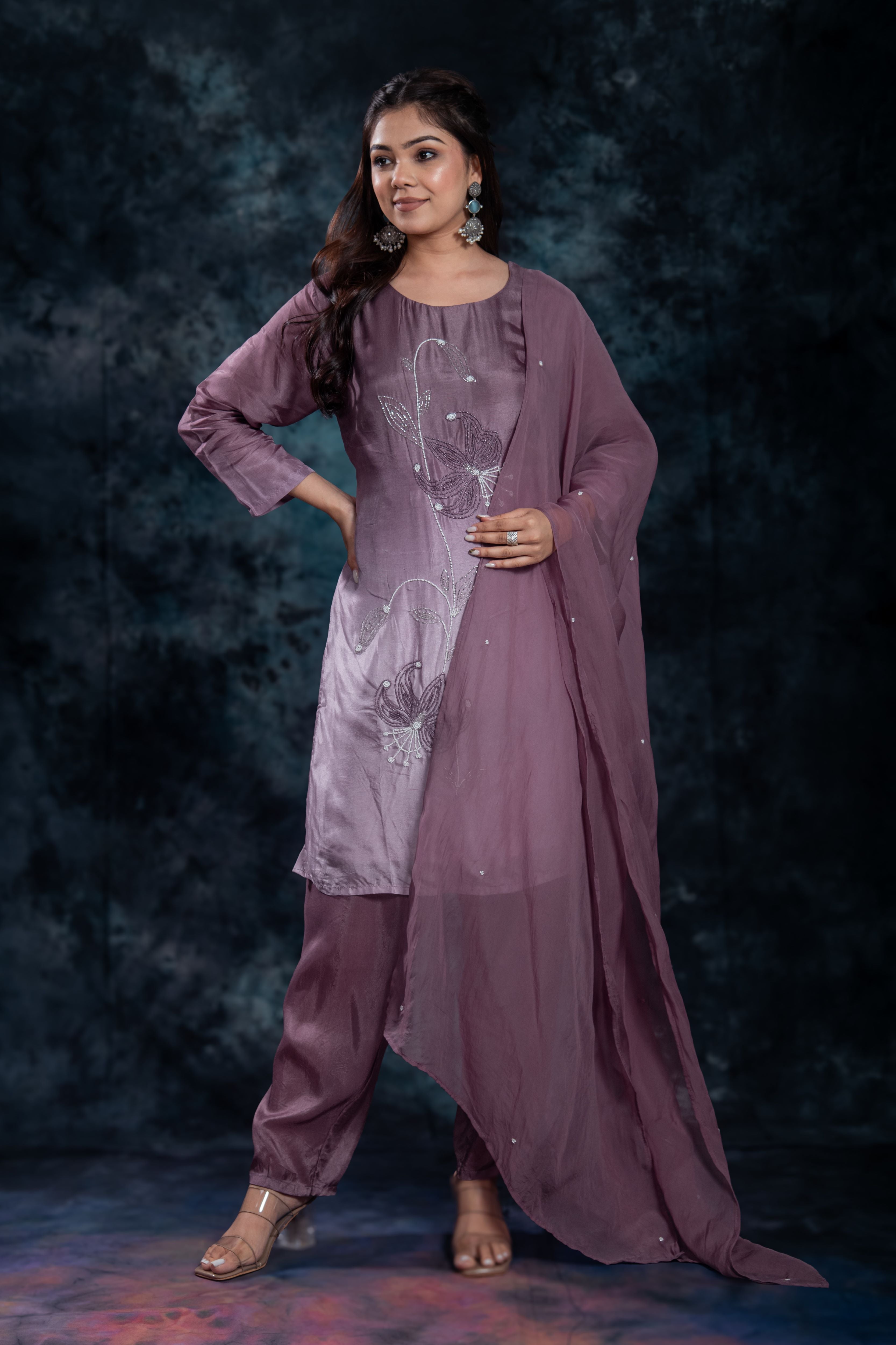 Deep Mauve Embellished Premium Silk Pants Set