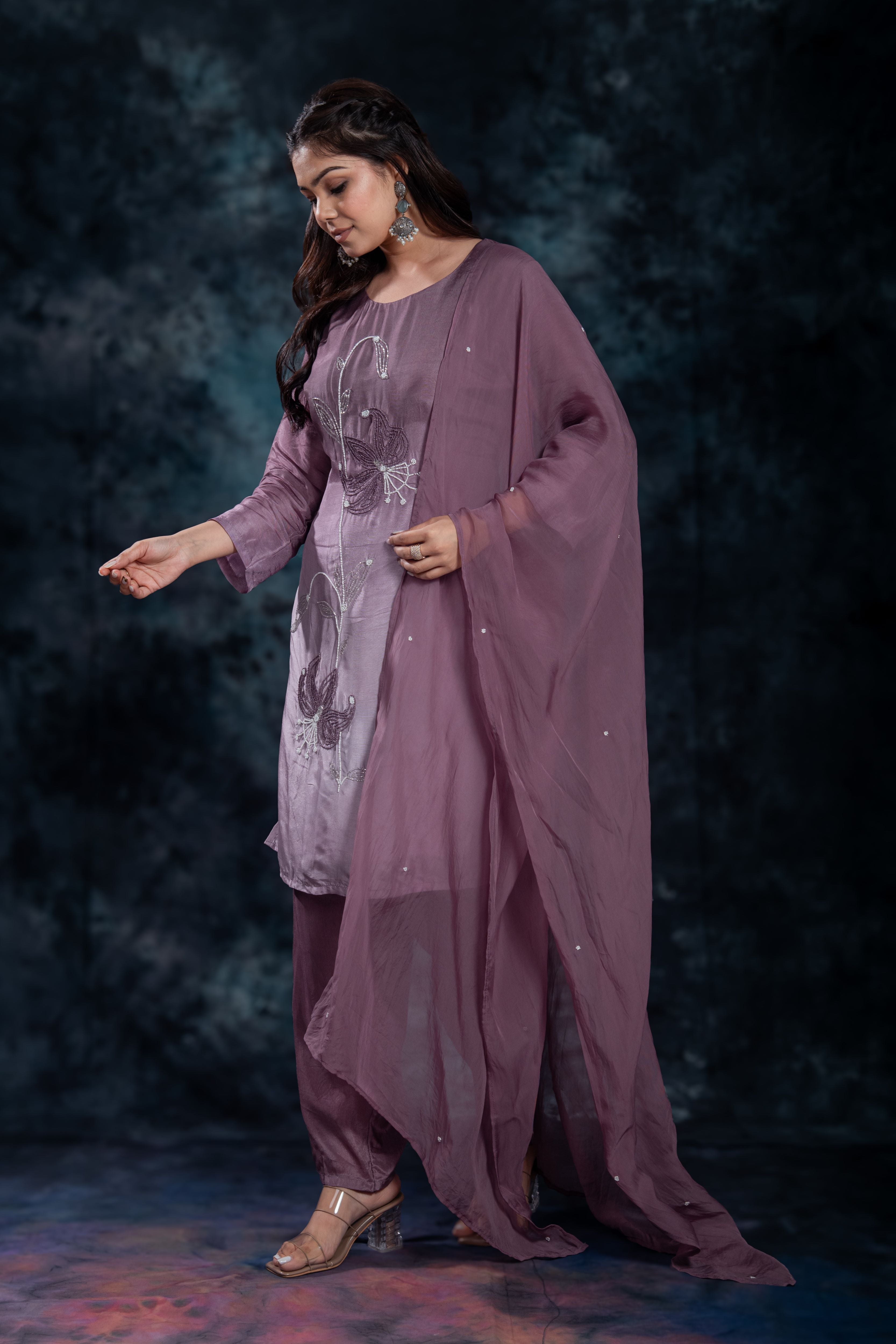 Deep Mauve Embellished Premium Silk Pants Set